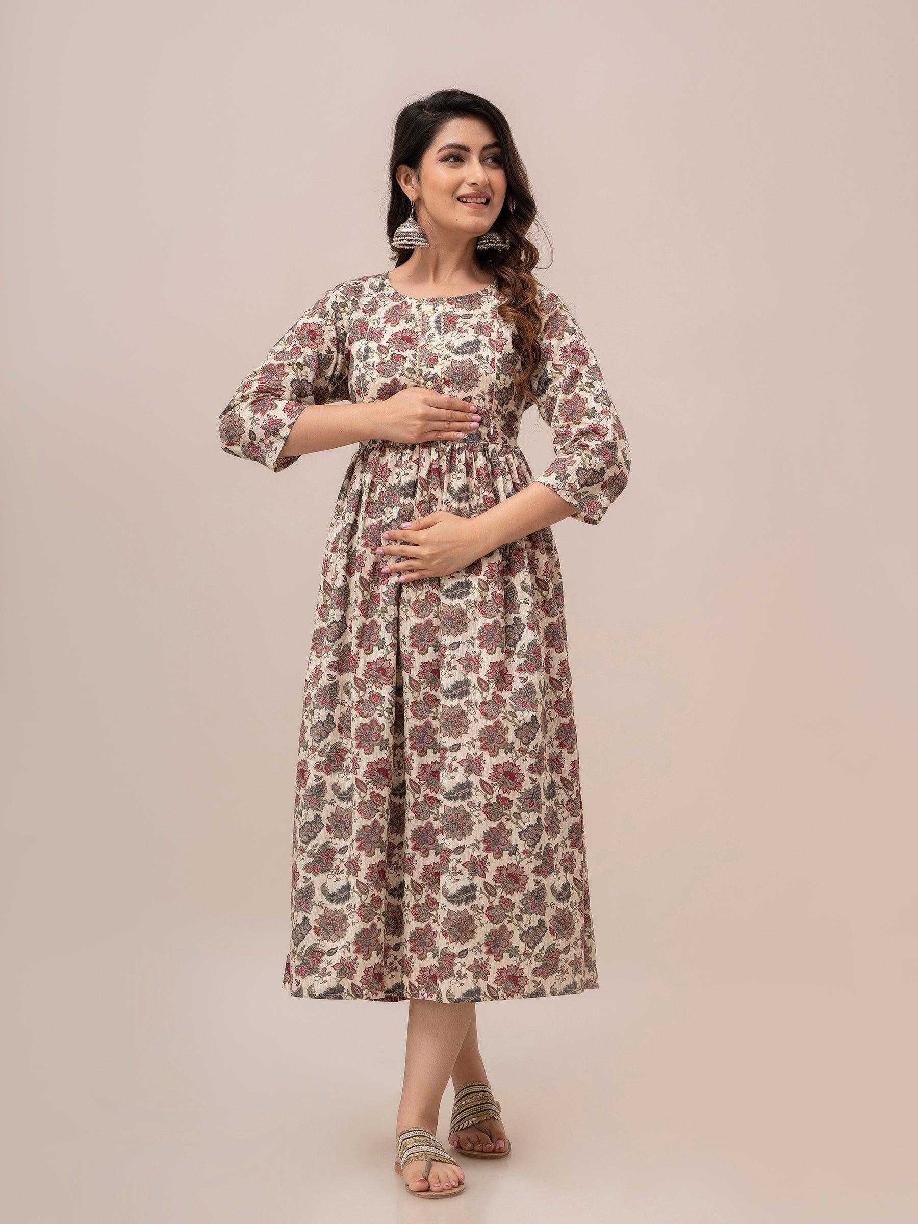 Women Floral Printed Maternity Cotton Maxi Dress - SHKUP1296 - Frionkandy