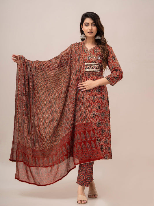 Maroon Paisley Print with Yoke Design A-Line Kurta with Trousers & Dupatta - Frionkandy