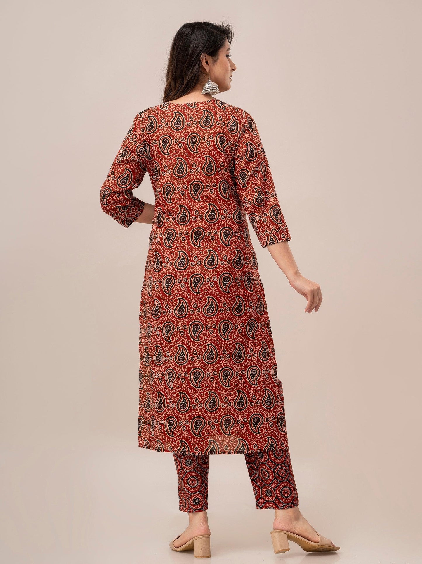 Maroon Paisley Print with Yoke Design A-Line Kurta with Trousers & Dupatta - Frionkandy