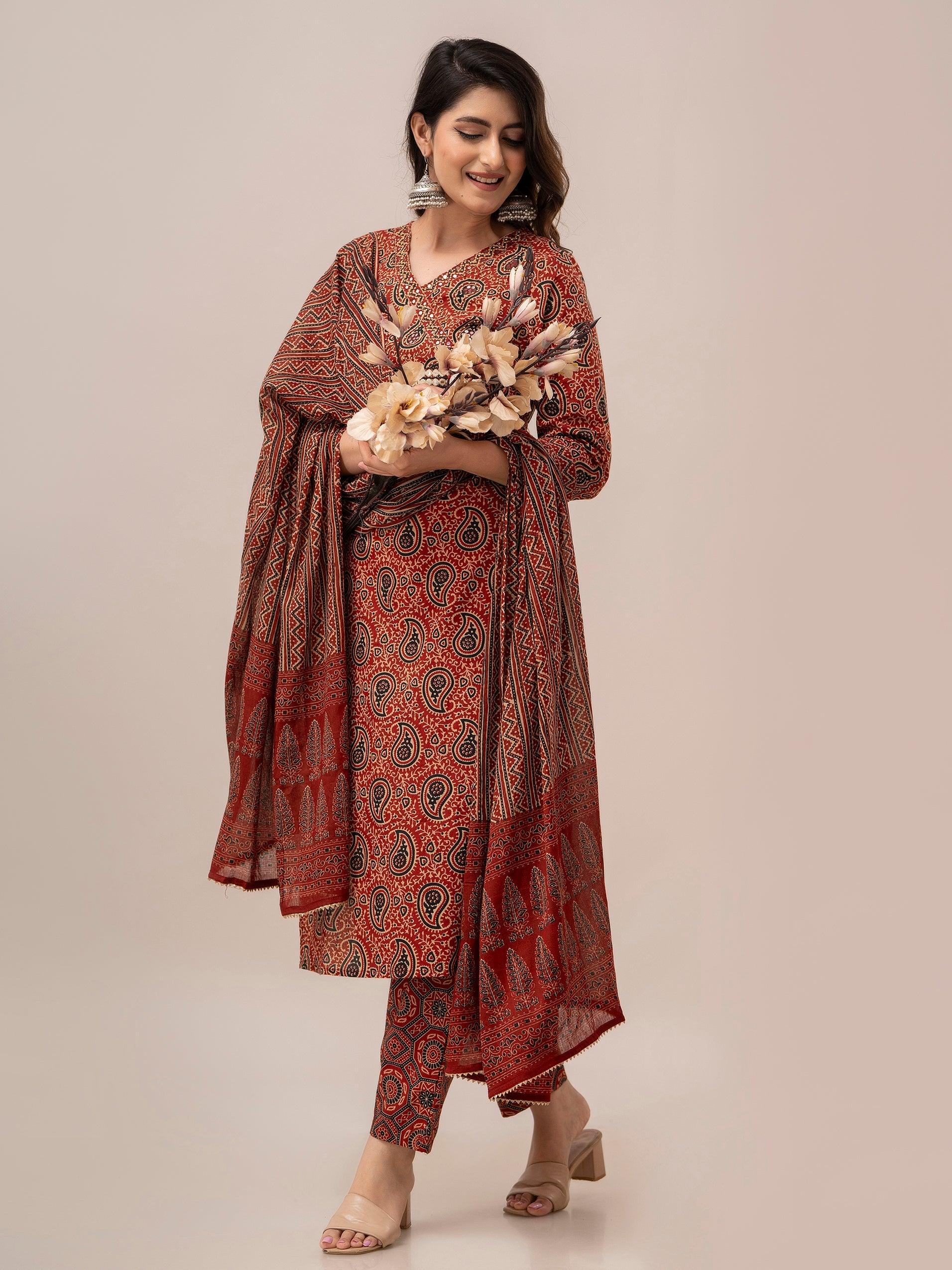 Maroon Paisley Print with Yoke Design A-Line Kurta with Trousers & Dupatta - Frionkandy