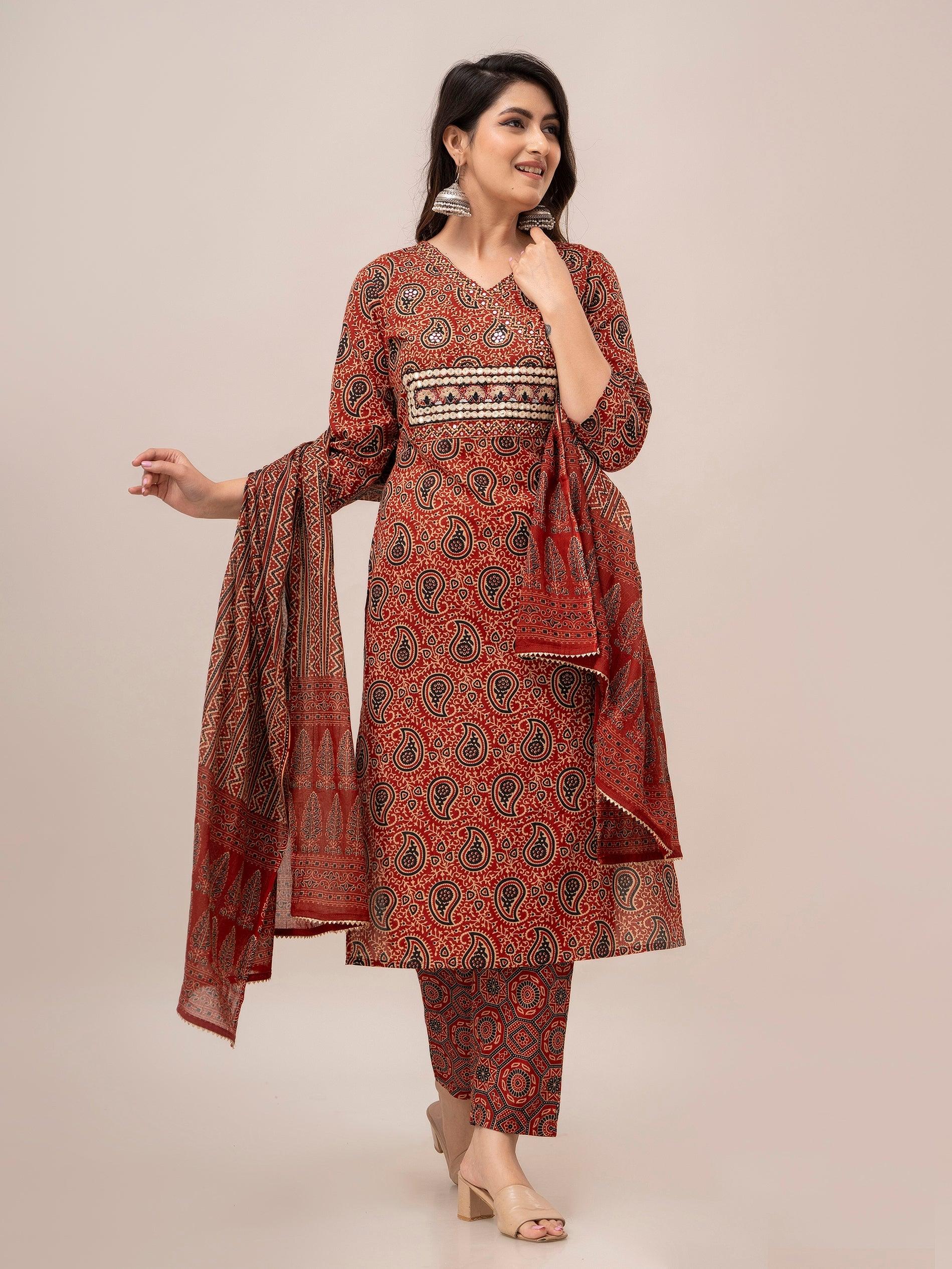 Maroon Paisley Print with Yoke Design A-Line Kurta with Trousers & Dupatta - Frionkandy