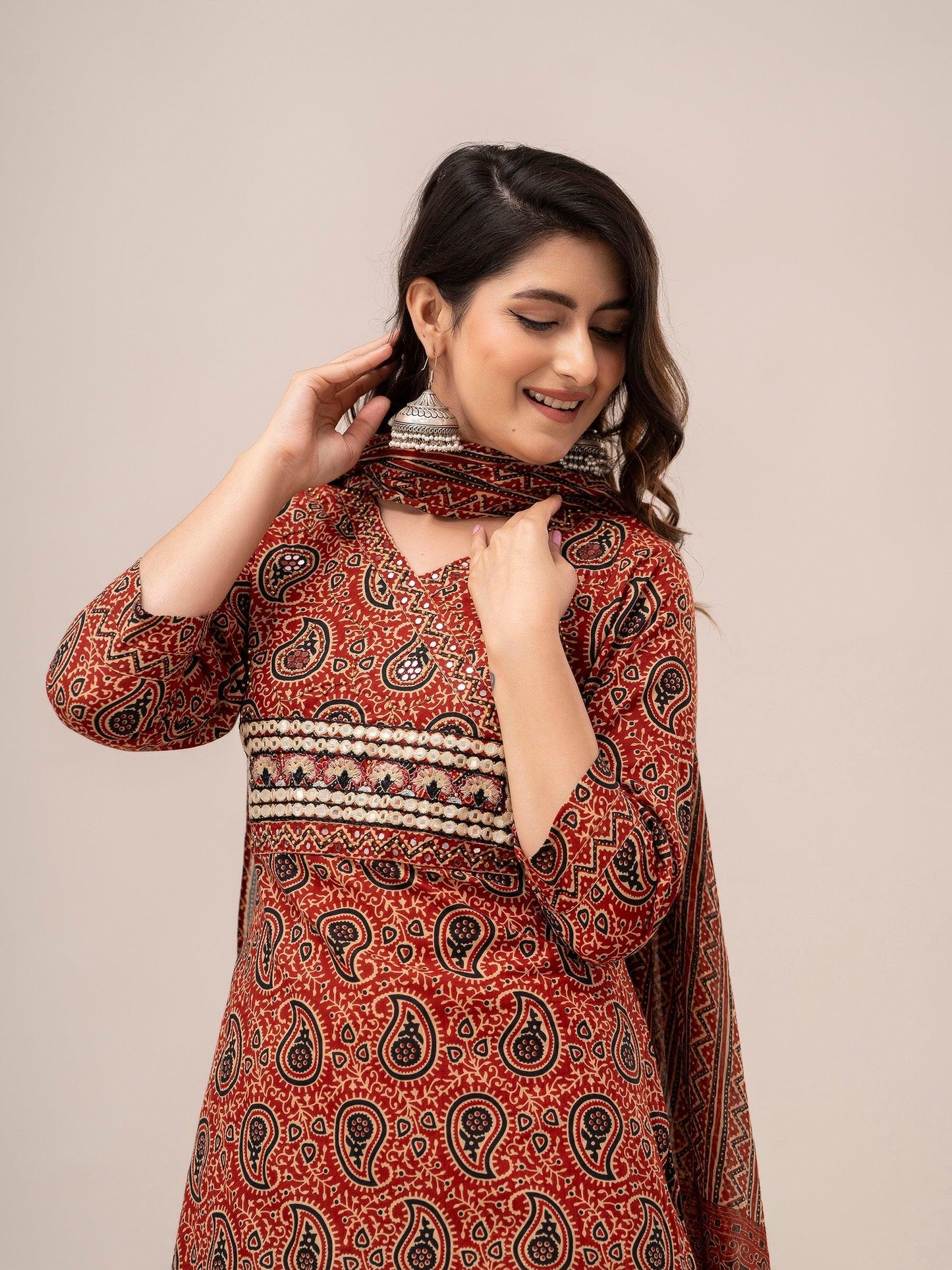 Maroon Paisley Print with Yoke Design A-Line Kurta with Trousers & Dupatta - Frionkandy