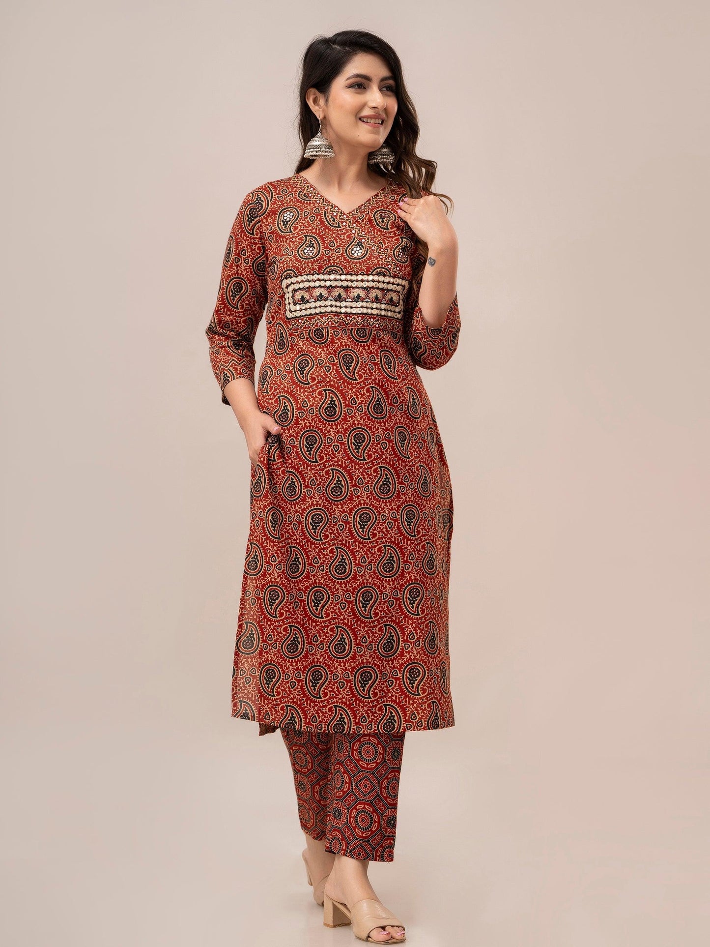 Maroon Paisley Print with Yoke Design A-Line Kurta with Trousers & Dupatta - Frionkandy