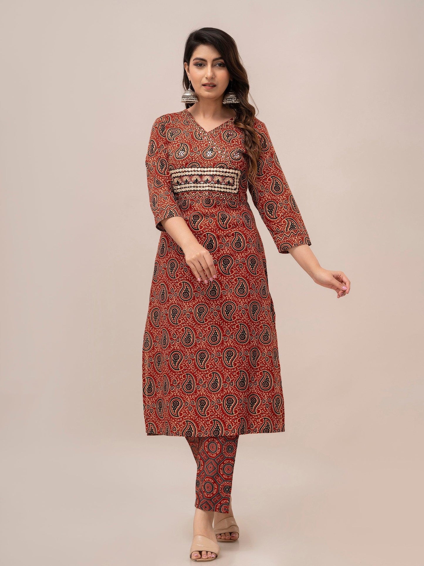 Maroon Paisley Print with Yoke Design A-Line Kurta with Trousers & Dupatta - Frionkandy