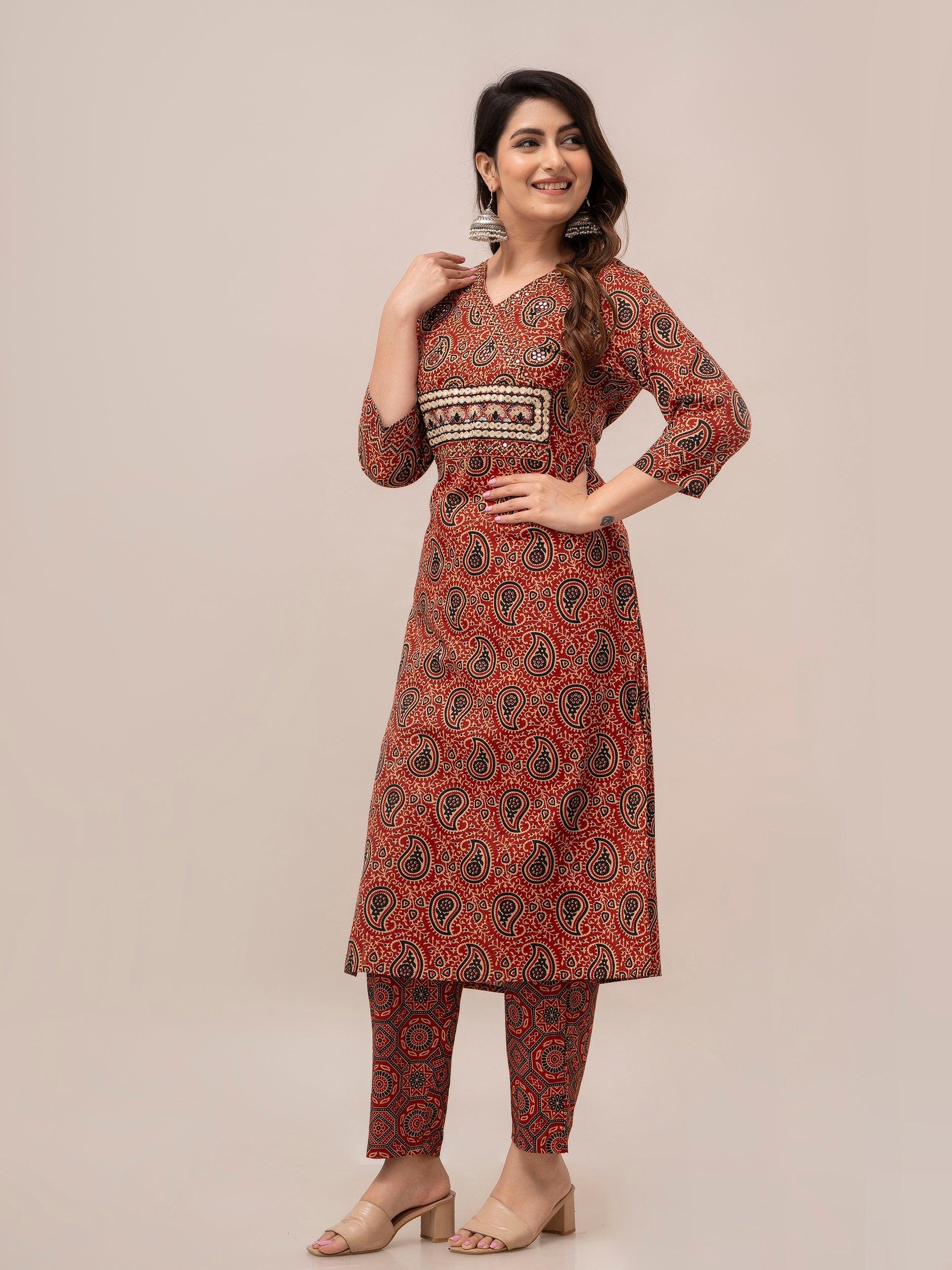 Maroon Paisley Print with Yoke Design A-Line Kurta with Trousers & Dupatta - Frionkandy