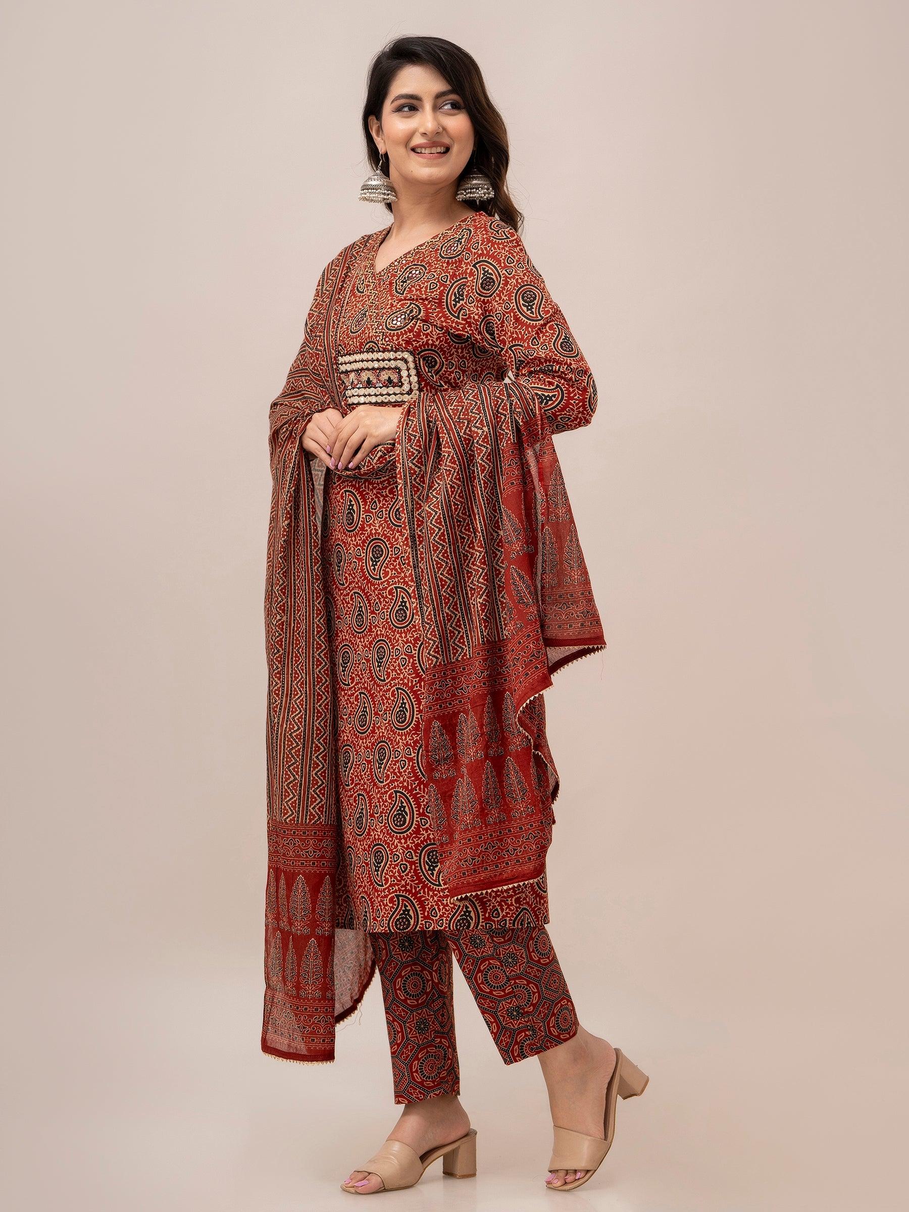 Maroon Paisley Print with Yoke Design A-Line Kurta with Trousers & Dupatta - Frionkandy