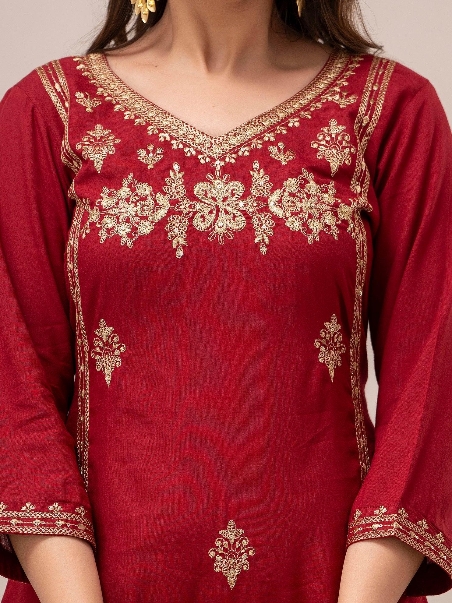 Women Red Sequinned Yoke Design Kurta with Trousers - Frionkandy