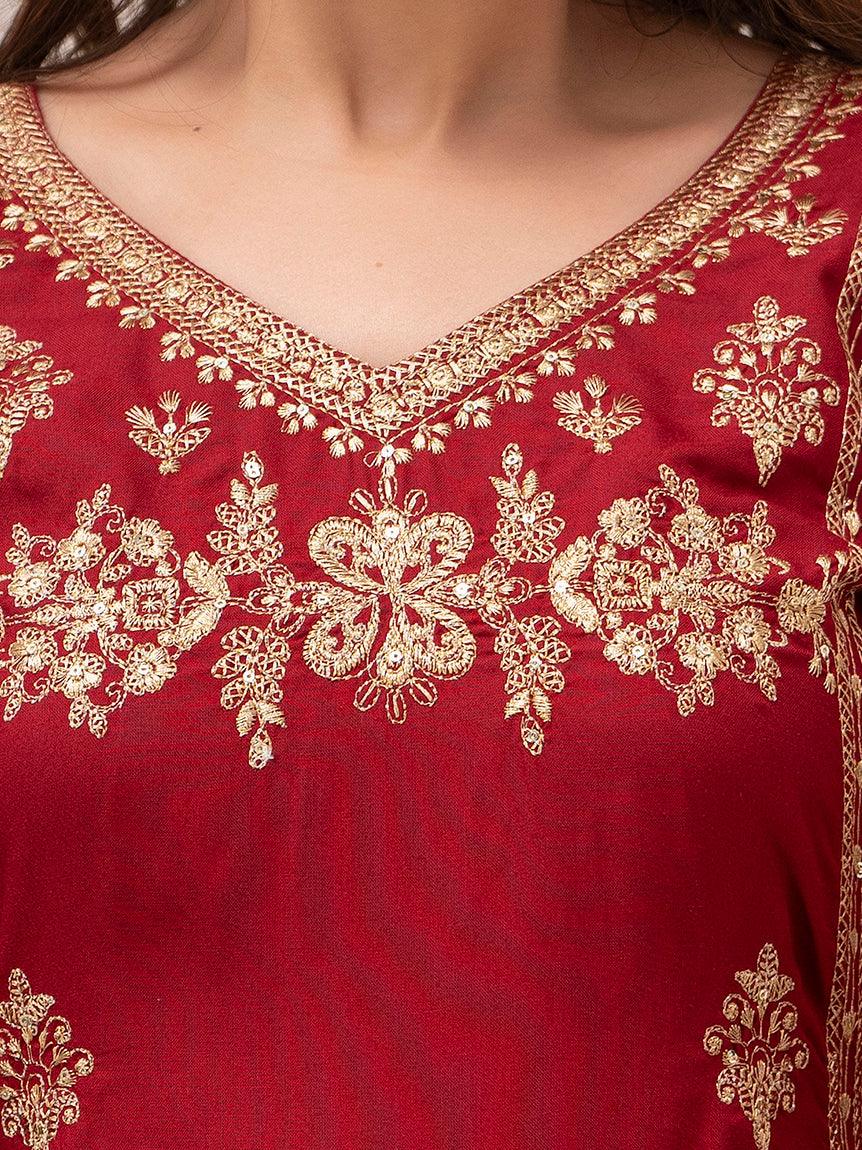 Women Red Sequinned Yoke Design Kurta with Trousers - Frionkandy