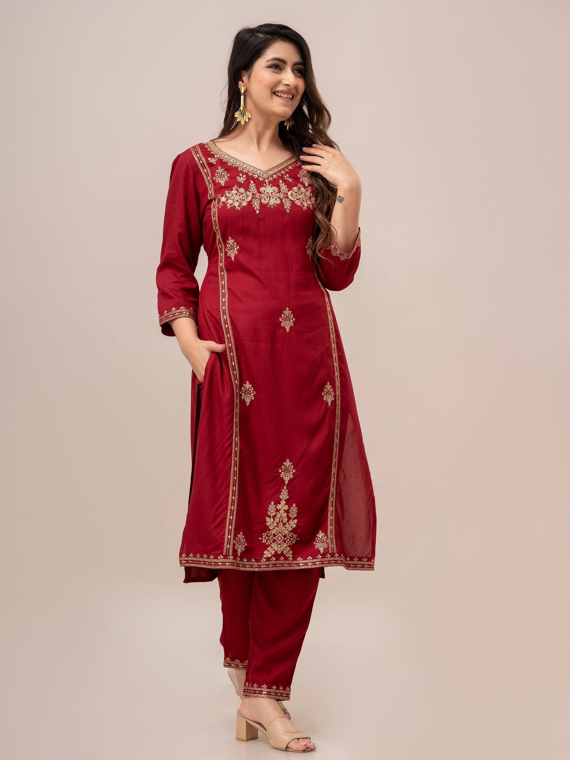 Women Red Sequinned Yoke Design Kurta with Trousers - Frionkandy