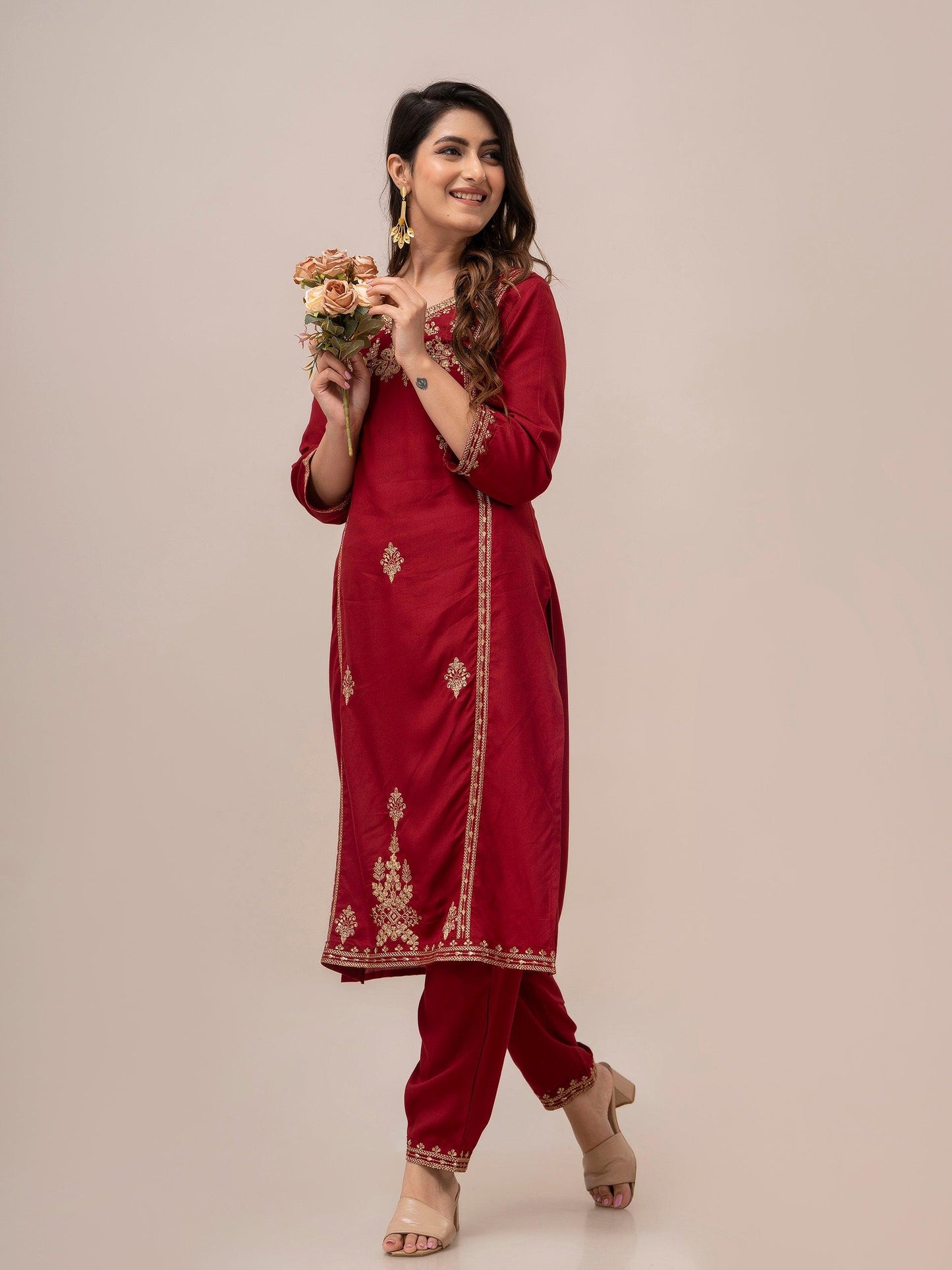 Women Red Sequinned Yoke Design Kurta with Trousers - Frionkandy