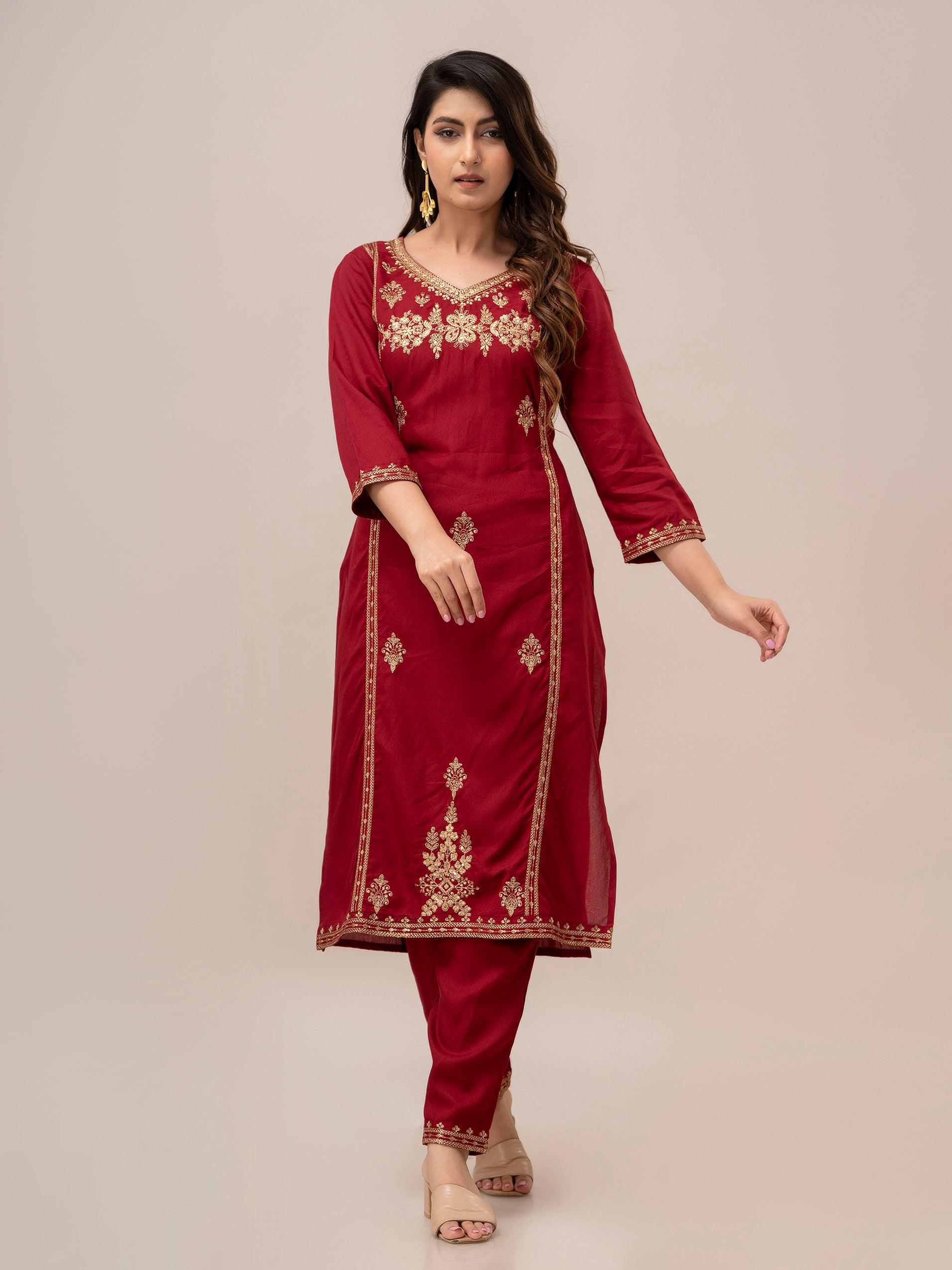 Women Red Sequinned Yoke Design Kurta with Trousers - Frionkandy