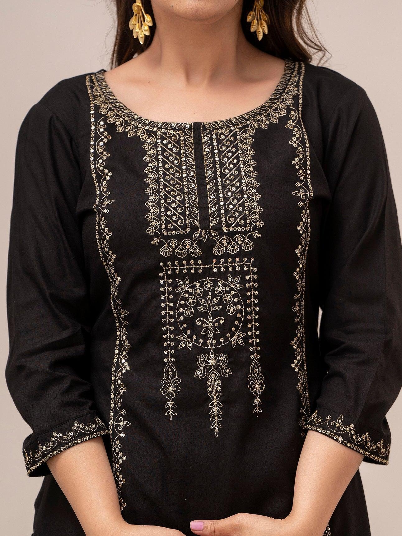 Women Black Sequinned Yoke Design Kurta with Trousers - Frionkandy