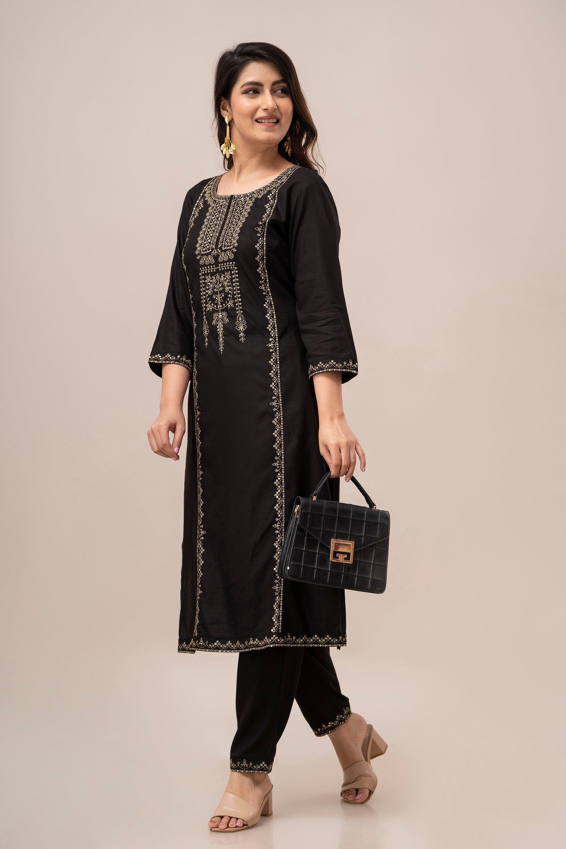 Women Black Sequinned Yoke Design Kurta with Trousers - Frionkandy