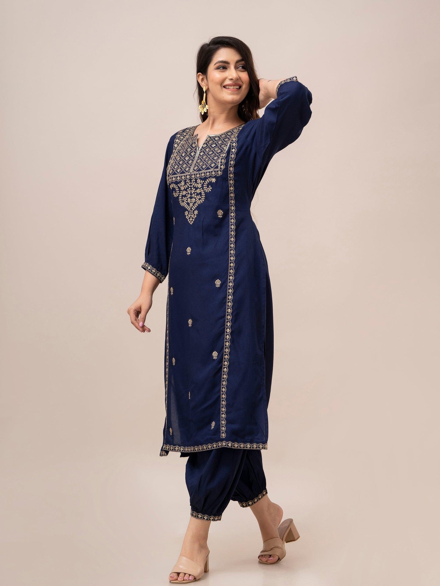 Women Blue Sequinned Yoke Design Kurta with Pyjamas - Frionkandy