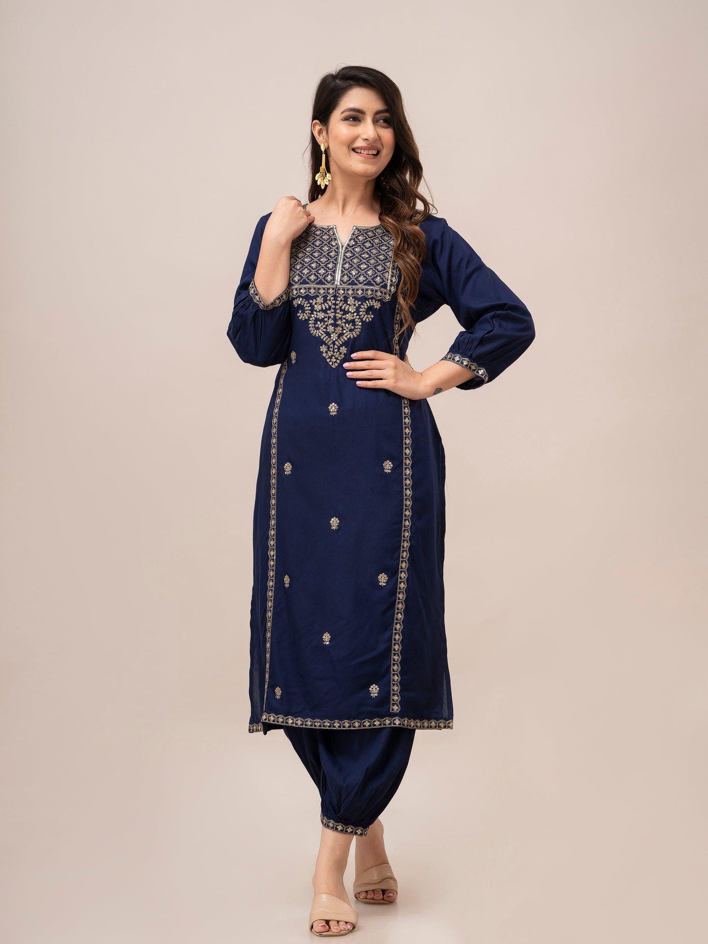 Women Blue Sequinned Yoke Design Kurta with Pyjamas - Frionkandy