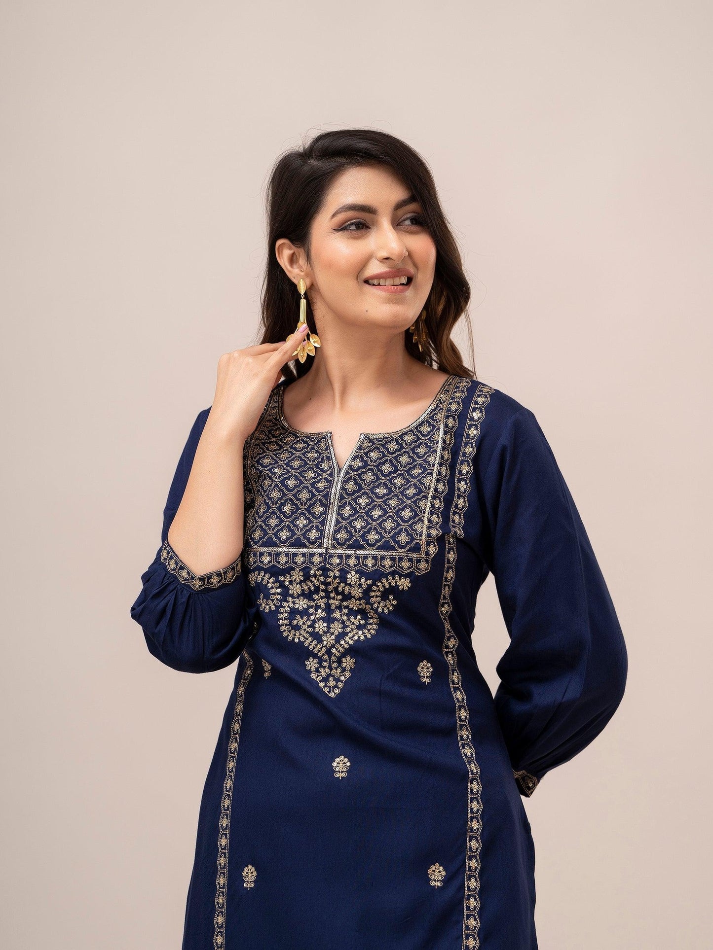 Women Blue Sequinned Yoke Design Kurta with Pyjamas - Frionkandy