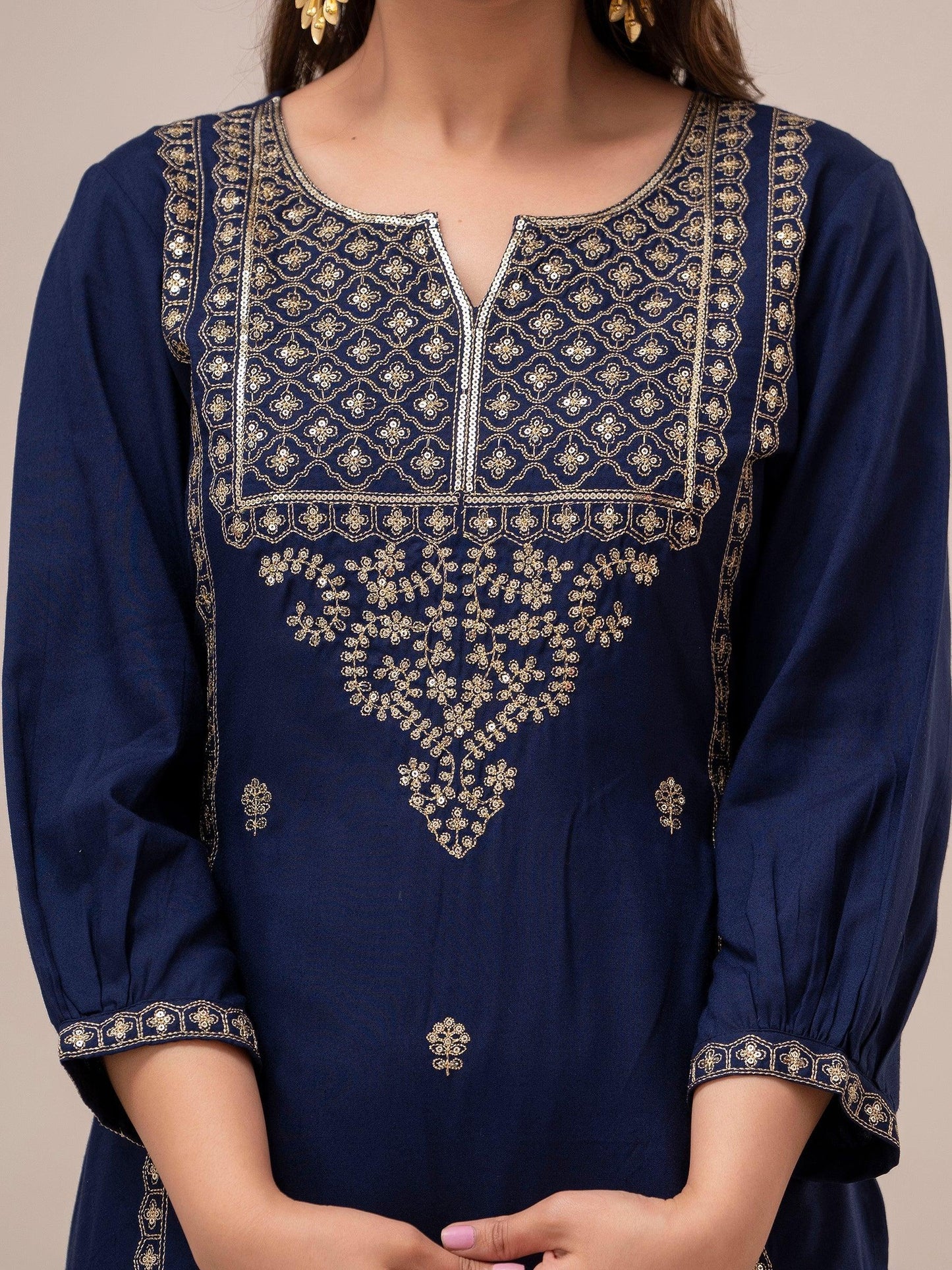 Women Blue Sequinned Yoke Design Kurta with Pyjamas - Frionkandy