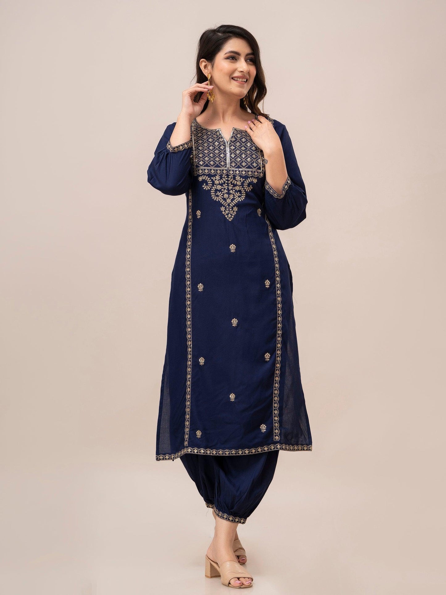 Women Blue Sequinned Yoke Design Kurta with Pyjamas - Frionkandy