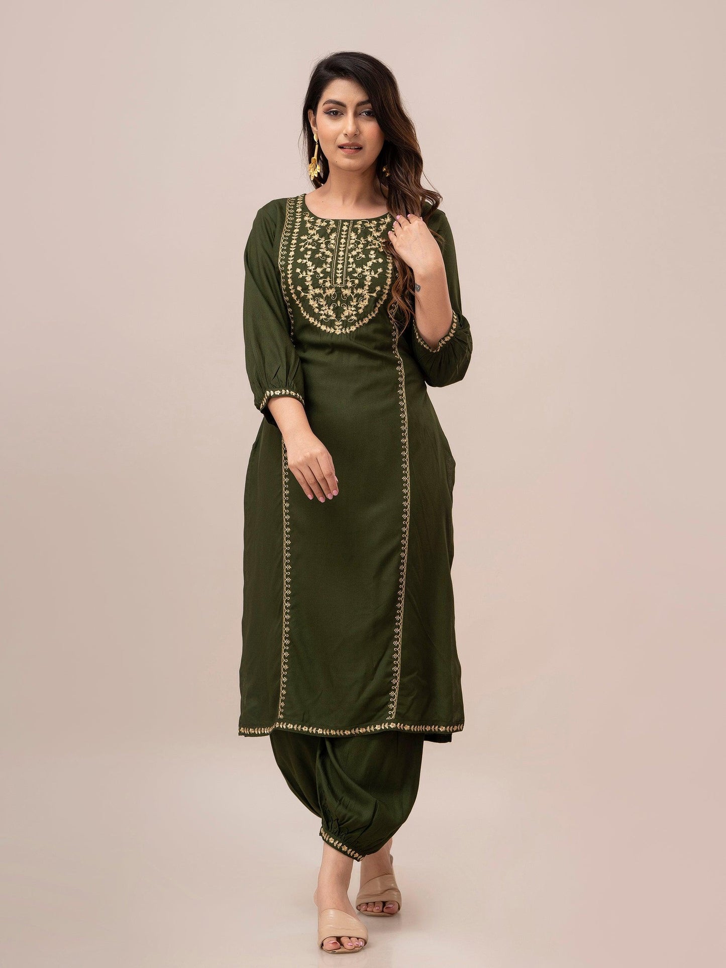 Women Green Sequinned Yoke Design Kurta with Pyjamas - Frionkandy