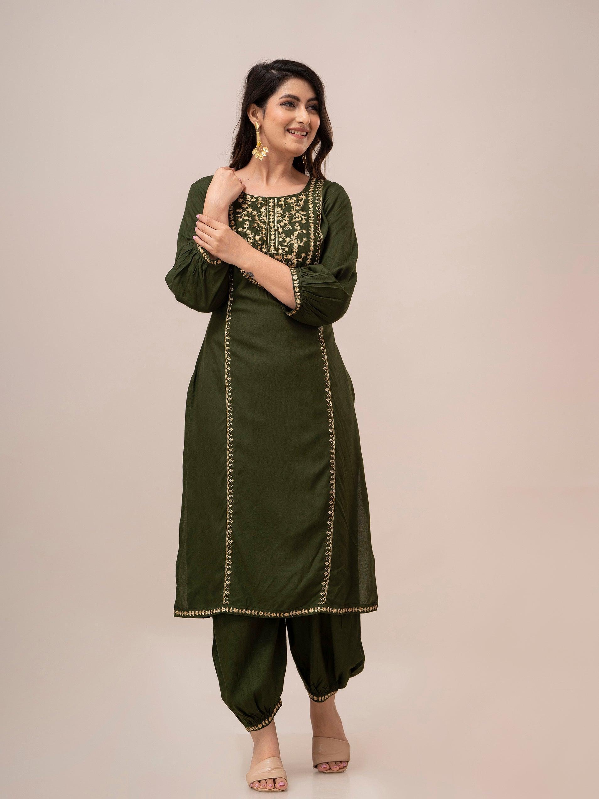 Women Green Sequinned Yoke Design Kurta with Pyjamas - Frionkandy