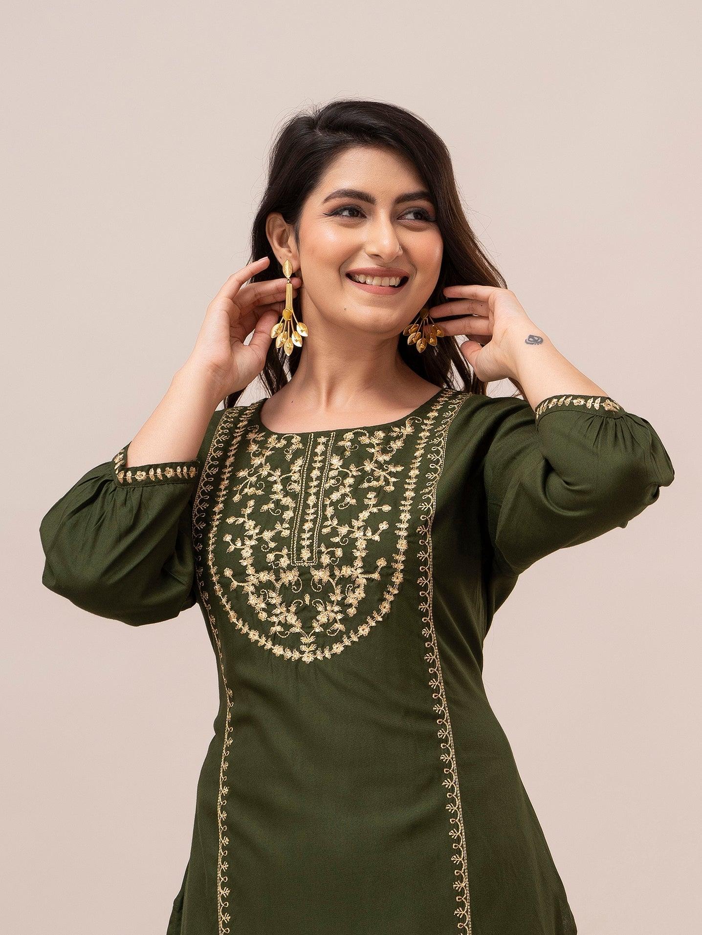 Women Green Sequinned Yoke Design Kurta with Pyjamas - Frionkandy