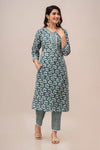 Grey Floral Print with Yoke Design A-Line Kurta with Trousers & Dupatta - Frionkandy