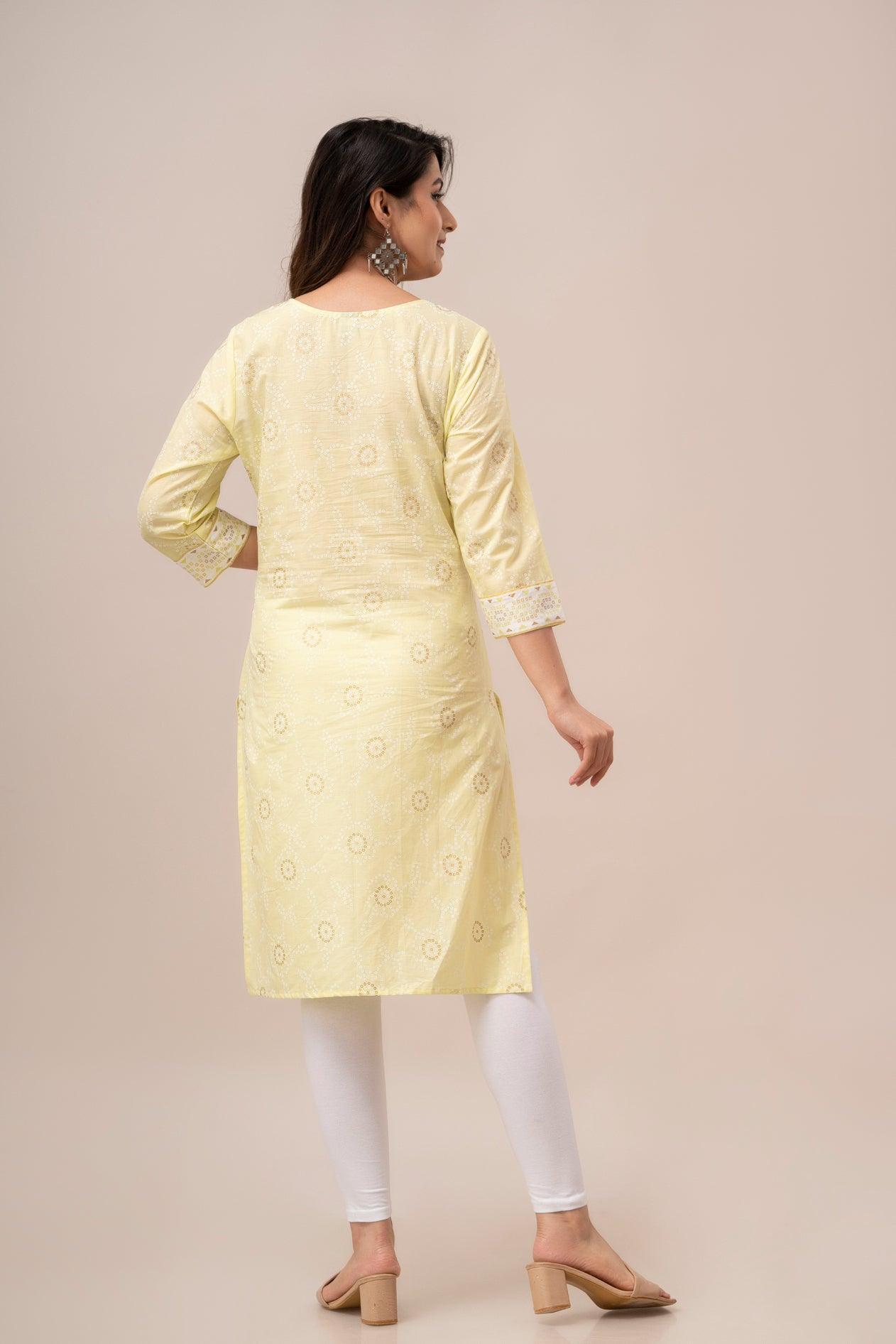 Women Light Yellow Bandhani Printed Straight Kurta - Frionkandy