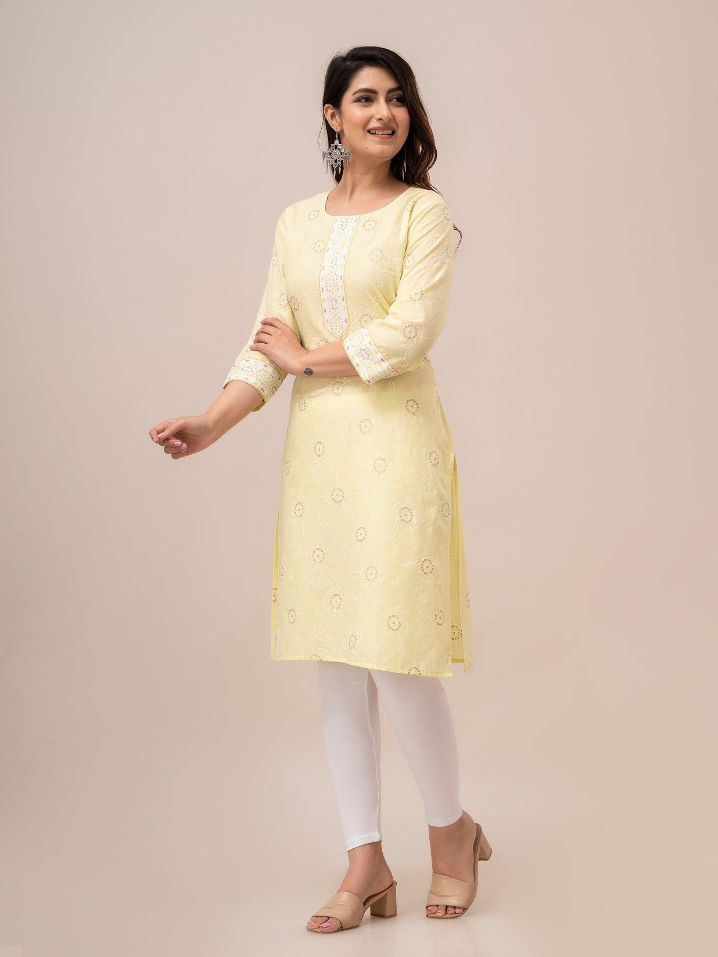 Women Light Yellow Bandhani Printed Straight Kurta - Frionkandy