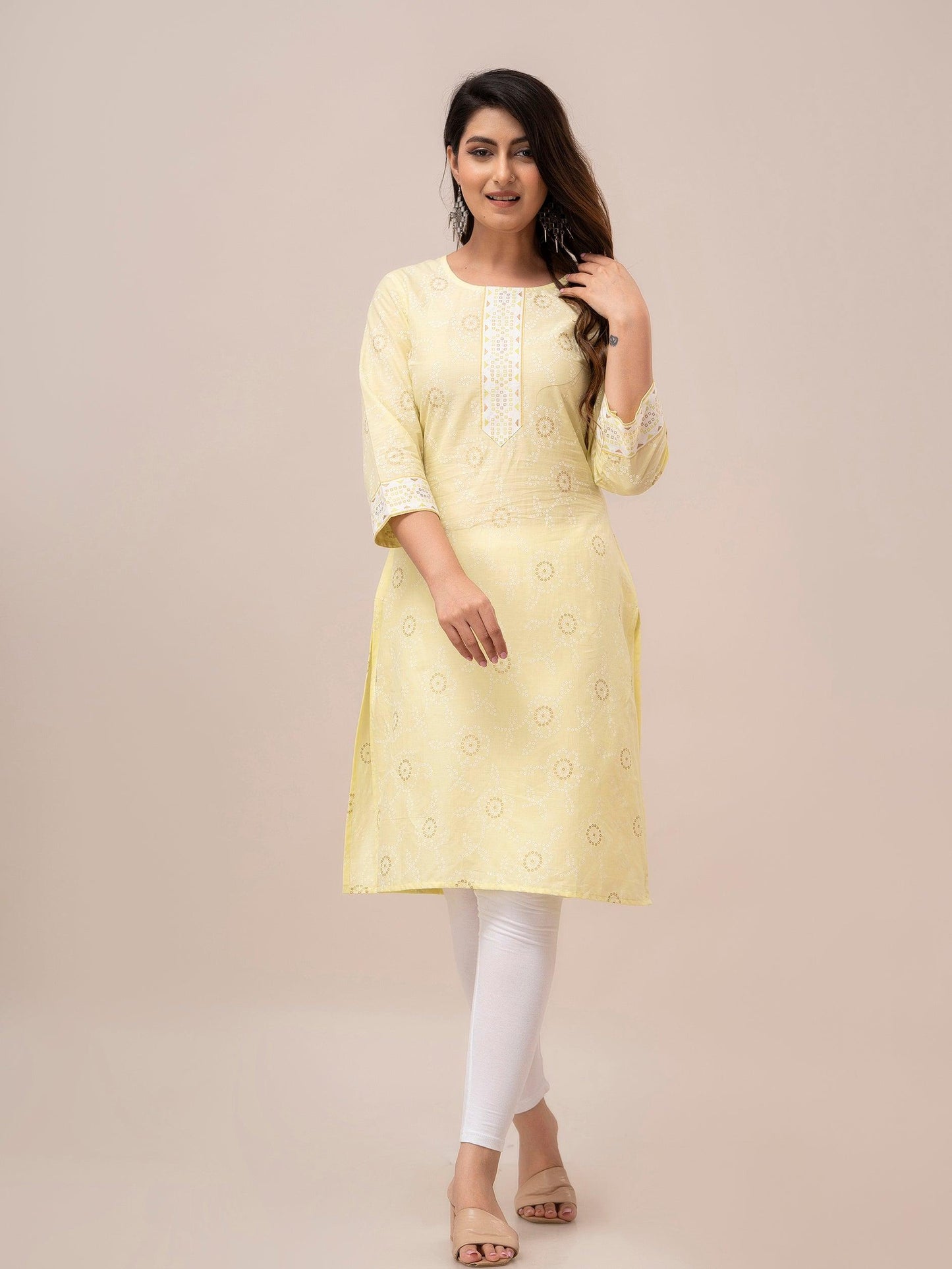 Women Light Yellow Bandhani Printed Straight Kurta - Frionkandy