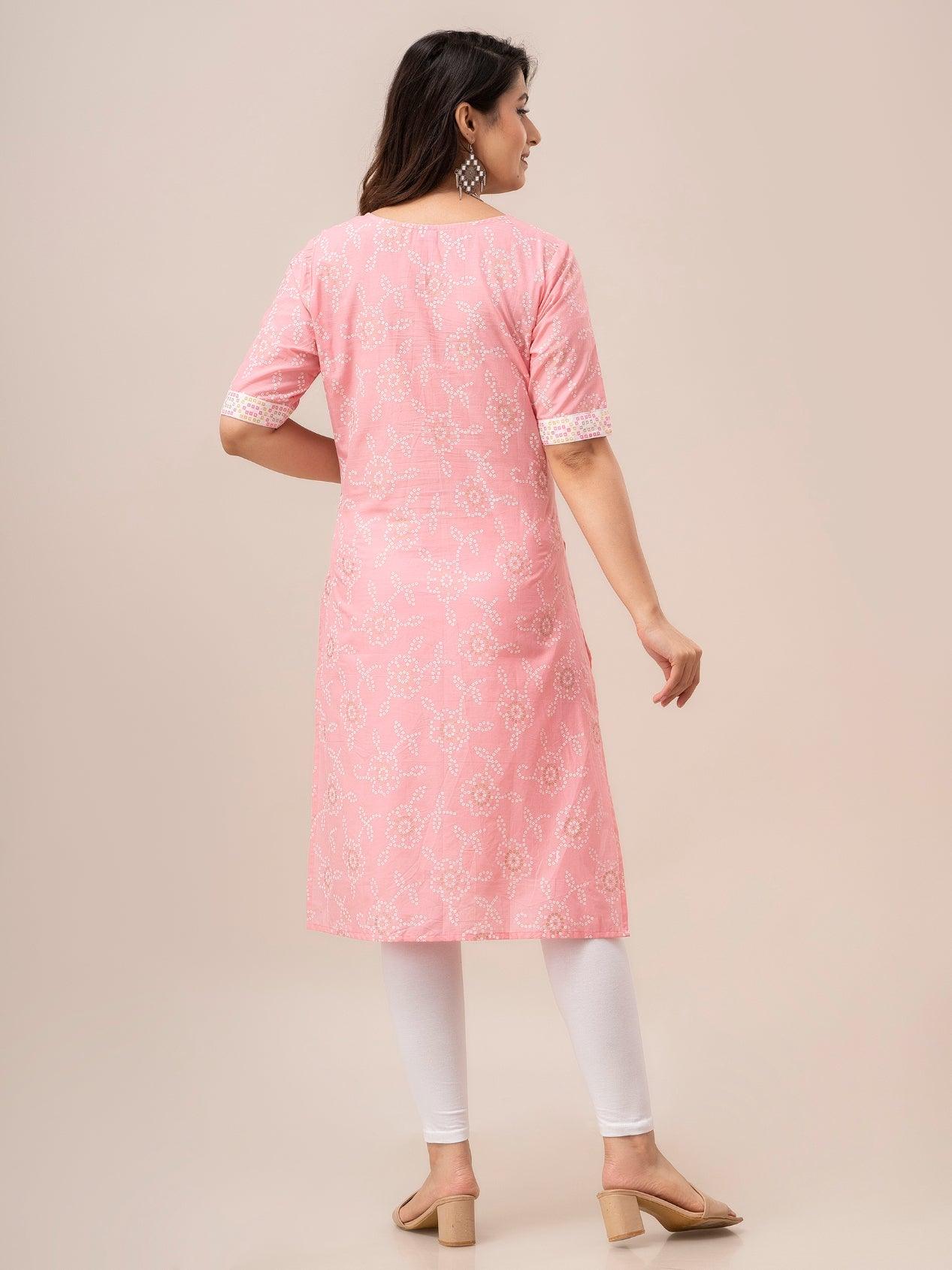 Women Pink Bandhani Printed Straight Kurta - Frionkandy