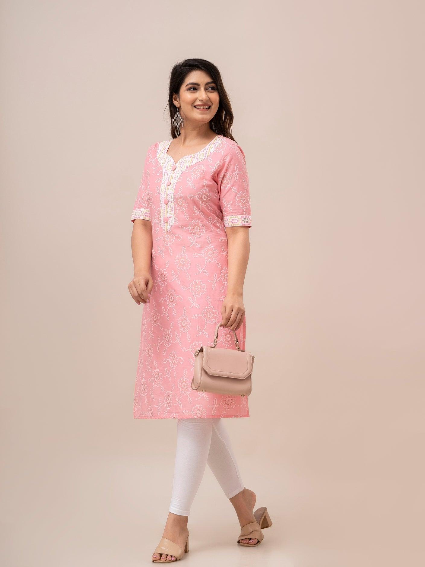 Women Pink Bandhani Printed Straight Kurta - Frionkandy