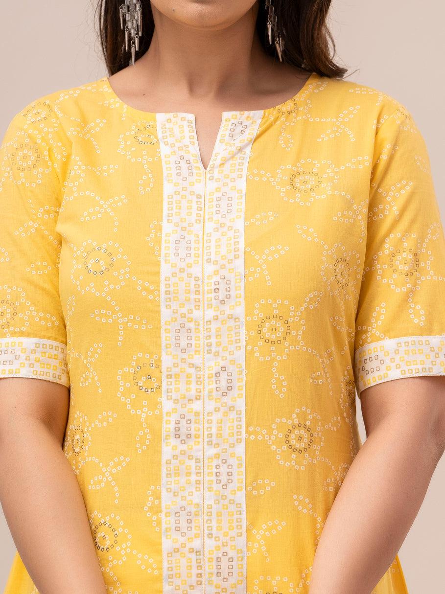 Women Yellow Bandhani Printed Straight Kurta - Frionkandy