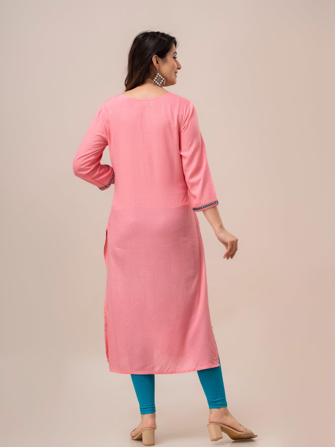 Women Pink Solid Embroidered Straight Kurta - Frionkandy