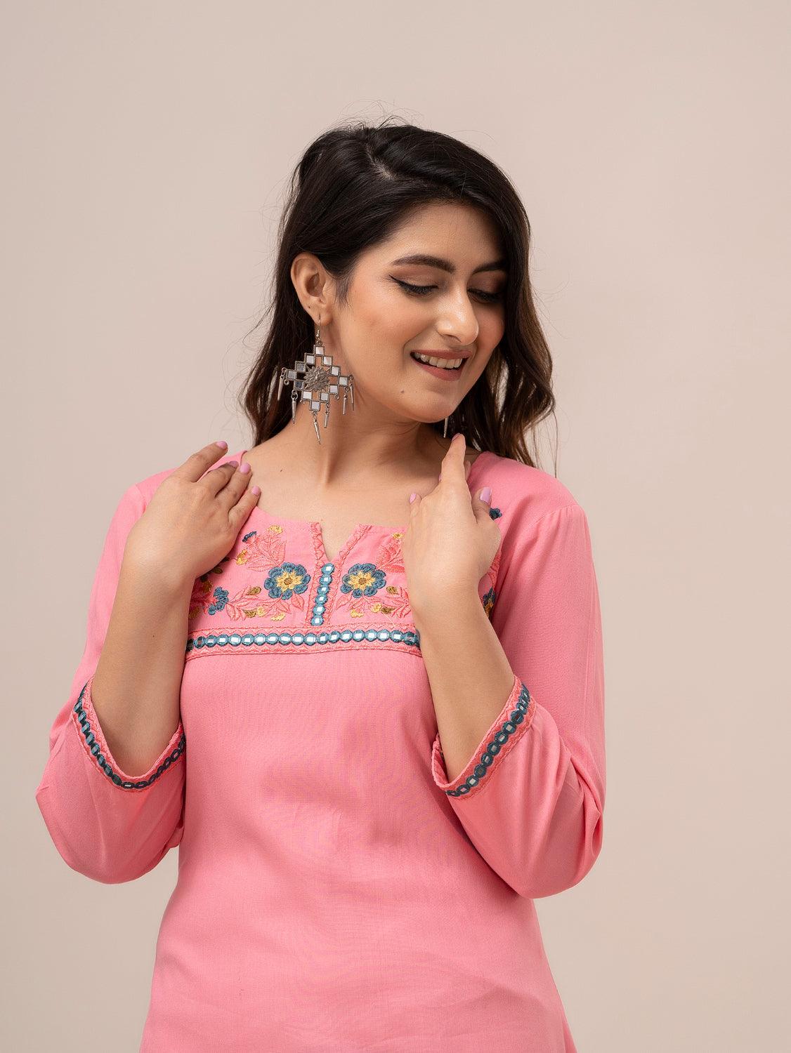 Women Pink Solid Embroidered Straight Kurta - Frionkandy