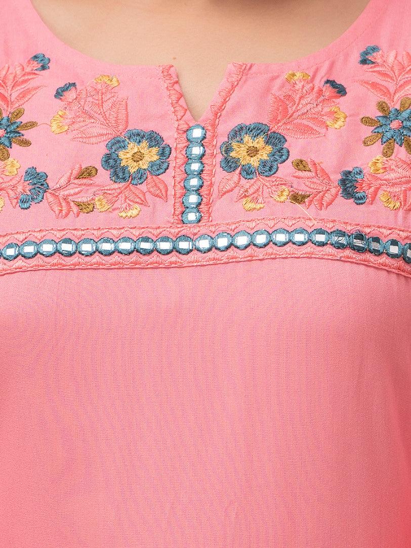 Women Pink Solid Embroidered Straight Kurta - Frionkandy