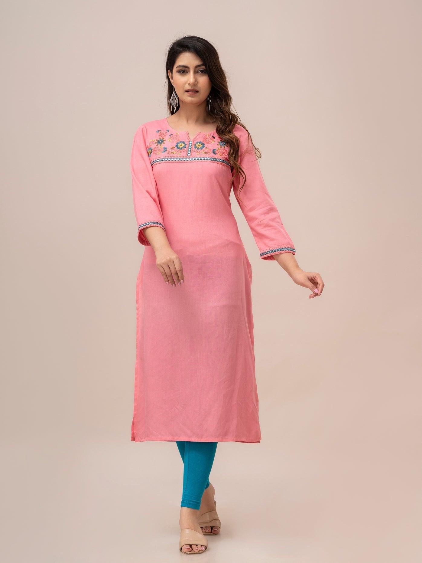 Women Pink Solid Embroidered Straight Kurta - Frionkandy