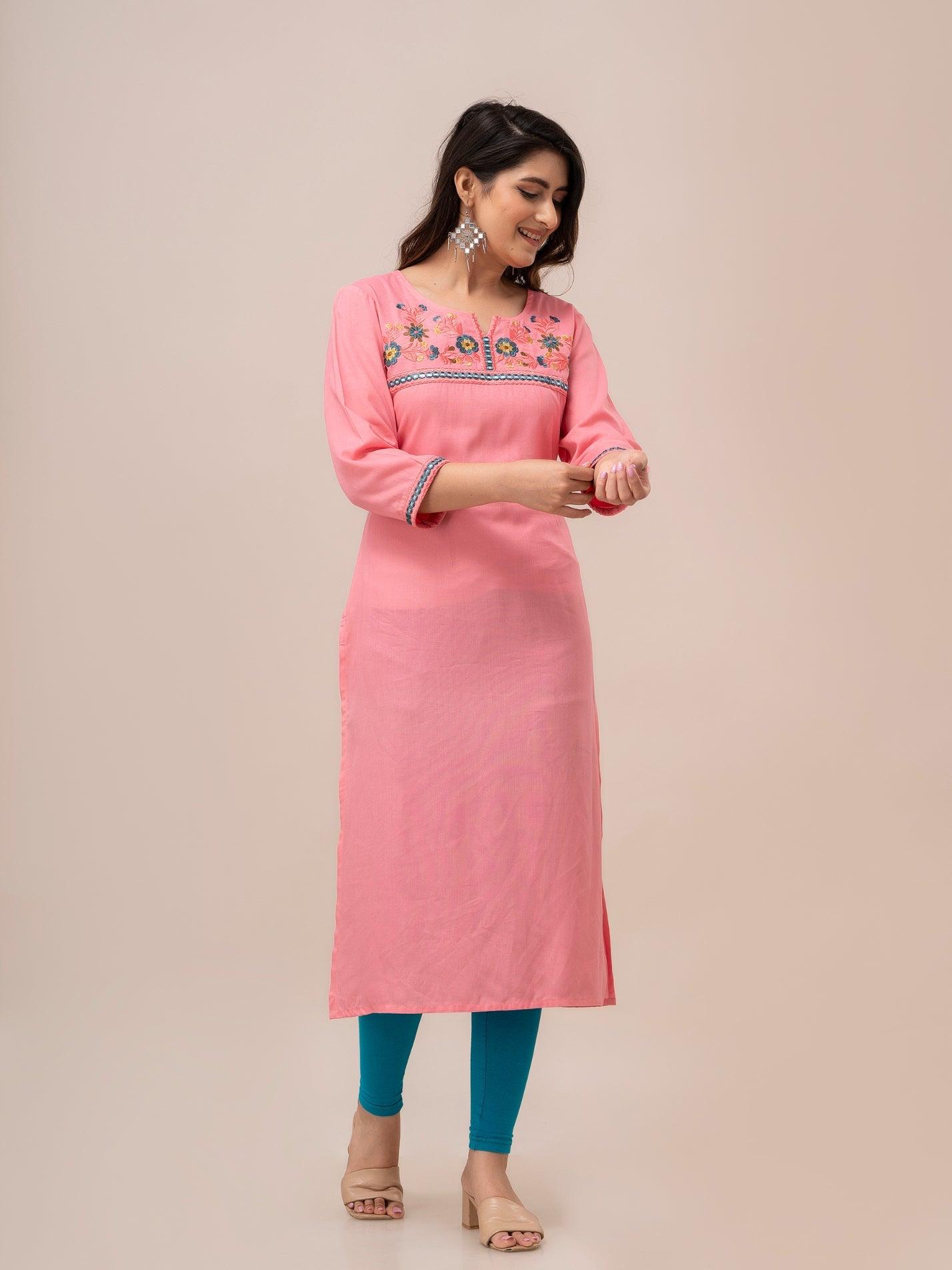 Women Pink Solid Embroidered Straight Kurta - Frionkandy