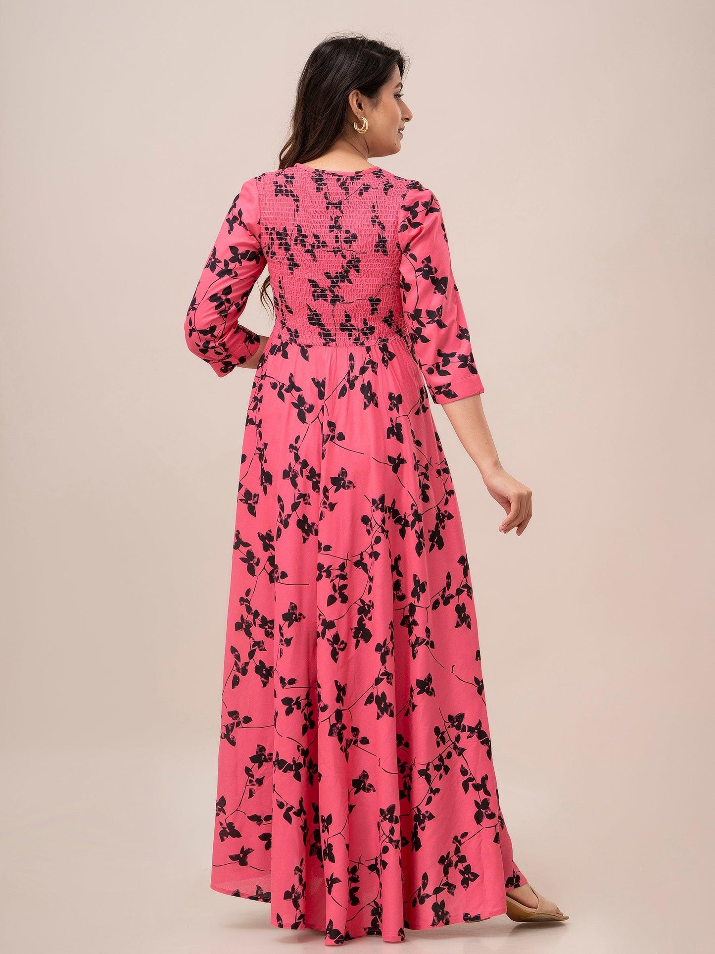 Pink Floral Print Smocked Maxi Fit and Flare Dress - Frionkandy