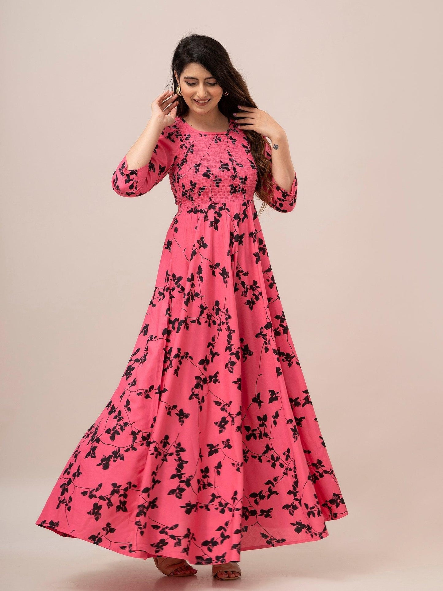 Pink Floral Print Smocked Maxi Fit and Flare Dress - Frionkandy