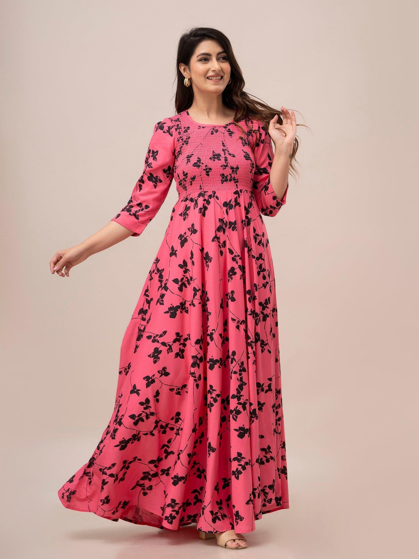 Pink Floral Print Smocked Maxi Fit and Flare Dress - Frionkandy