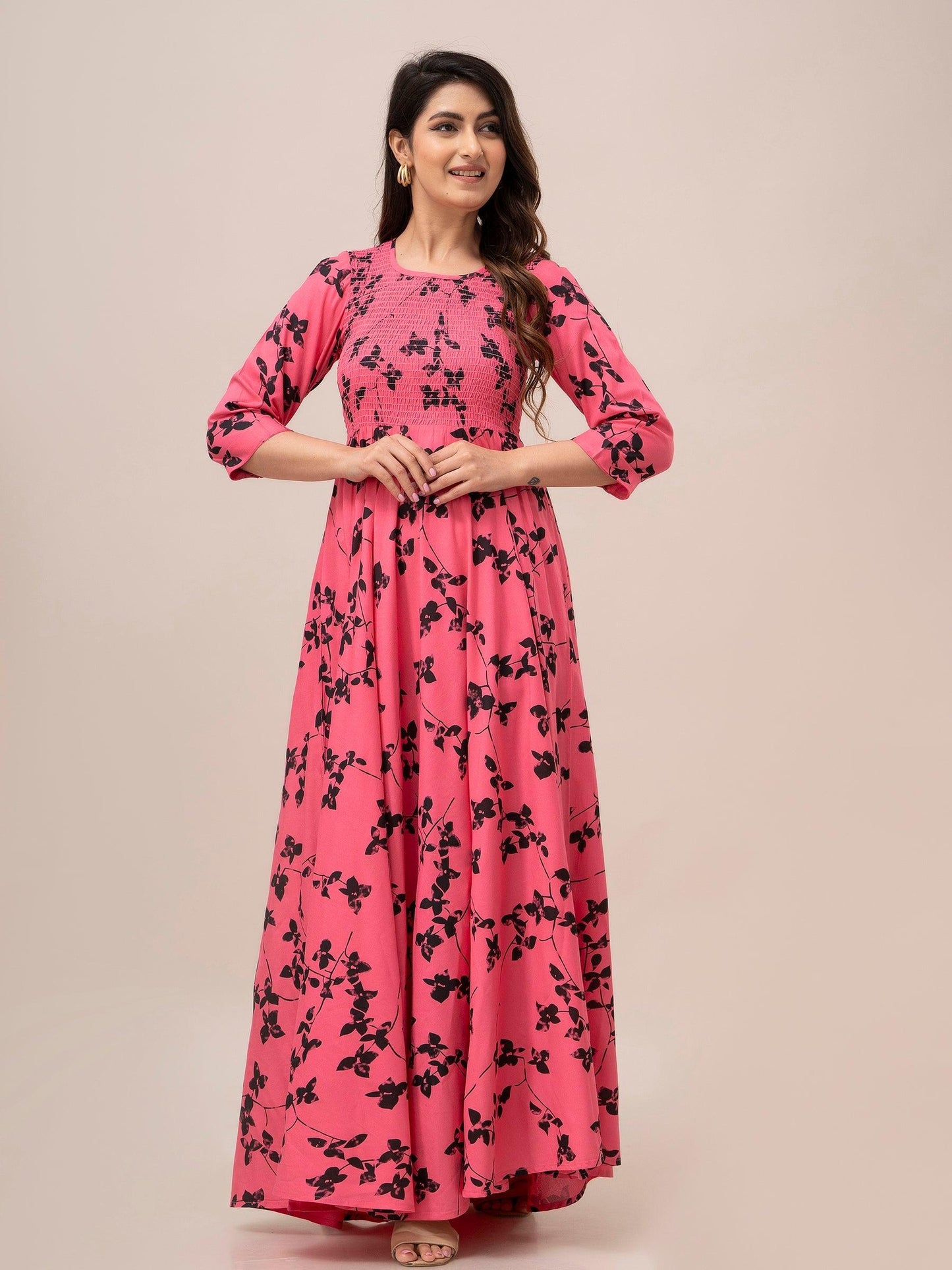 Pink Floral Print Smocked Maxi Fit and Flare Dress - Frionkandy