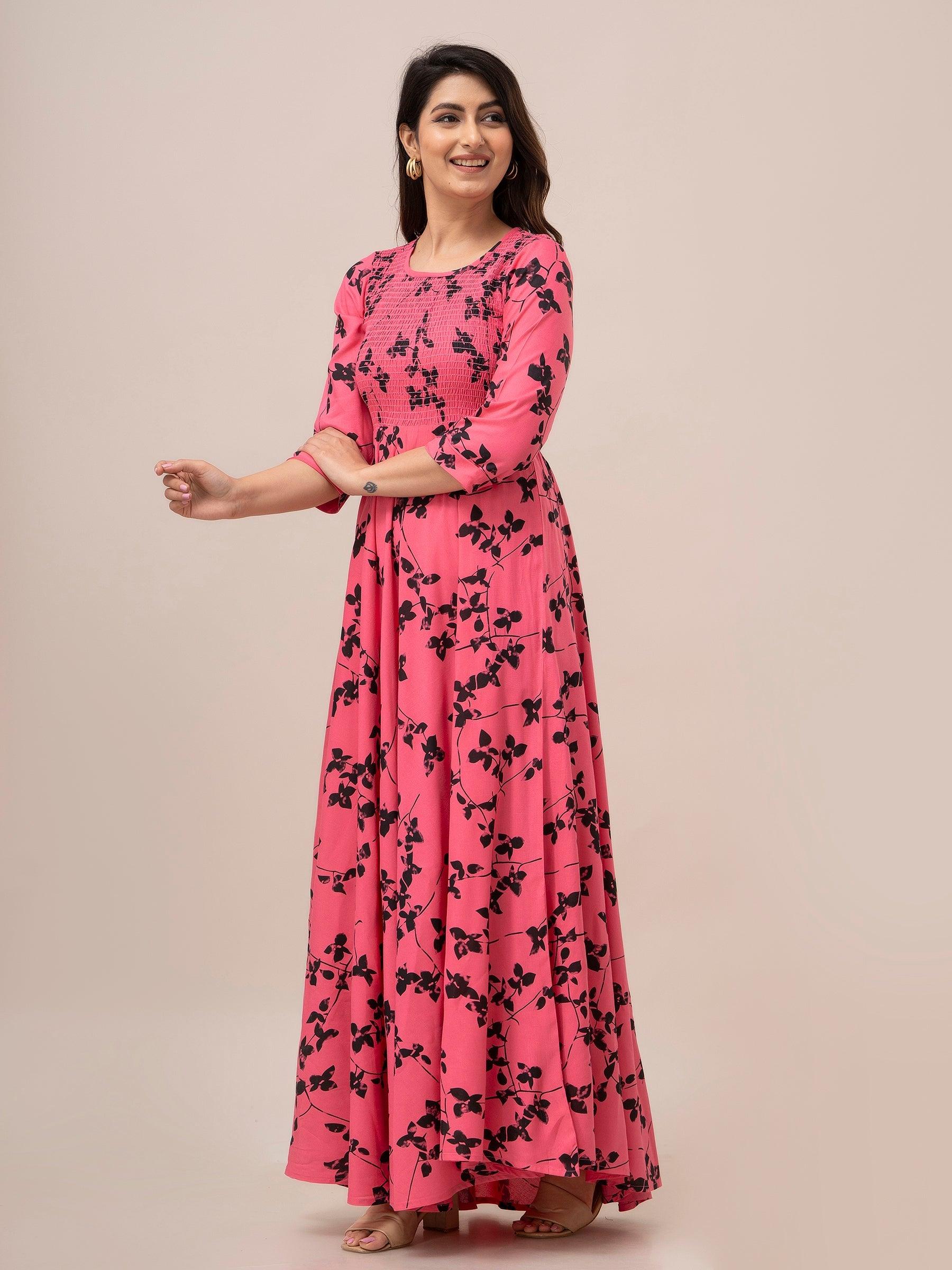 Pink Floral Print Smocked Maxi Fit and Flare Dress - Frionkandy