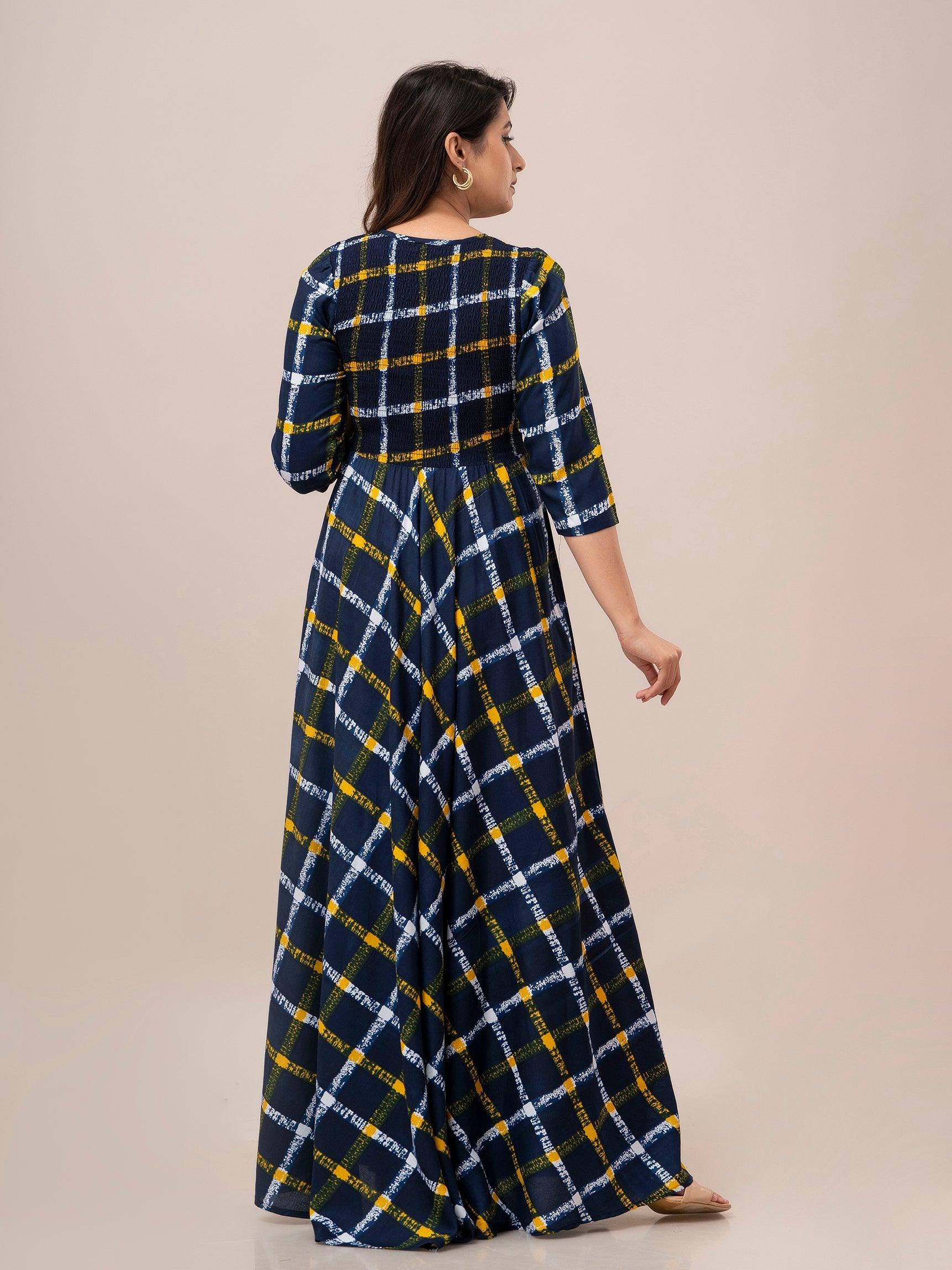 Yellow Checkered Print Smocked Maxi Fit and Flare Dress - Frionkandy