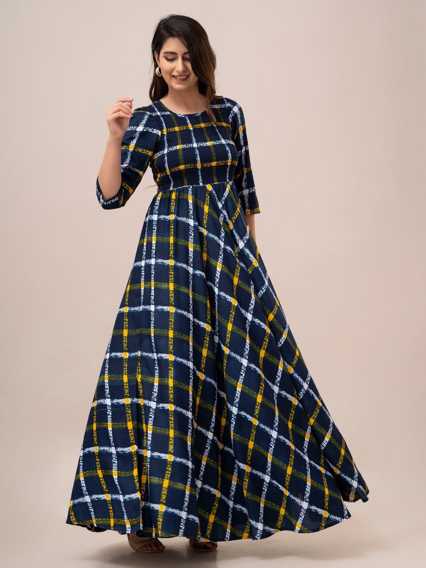 Yellow Checkered Print Smocked Maxi Fit and Flare Dress - Frionkandy