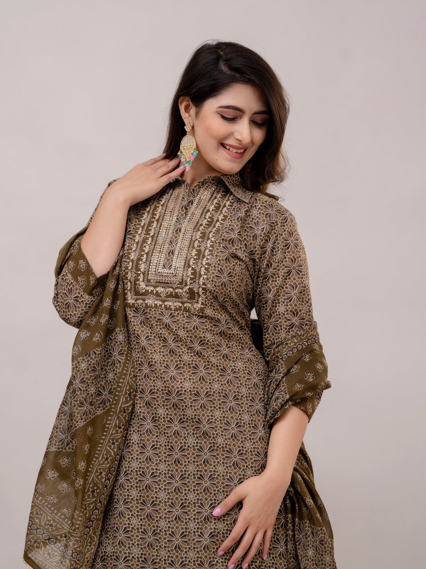 Women Pullman Green Sequinned Yoke Design Kurta with Pyjamas & Dupatta