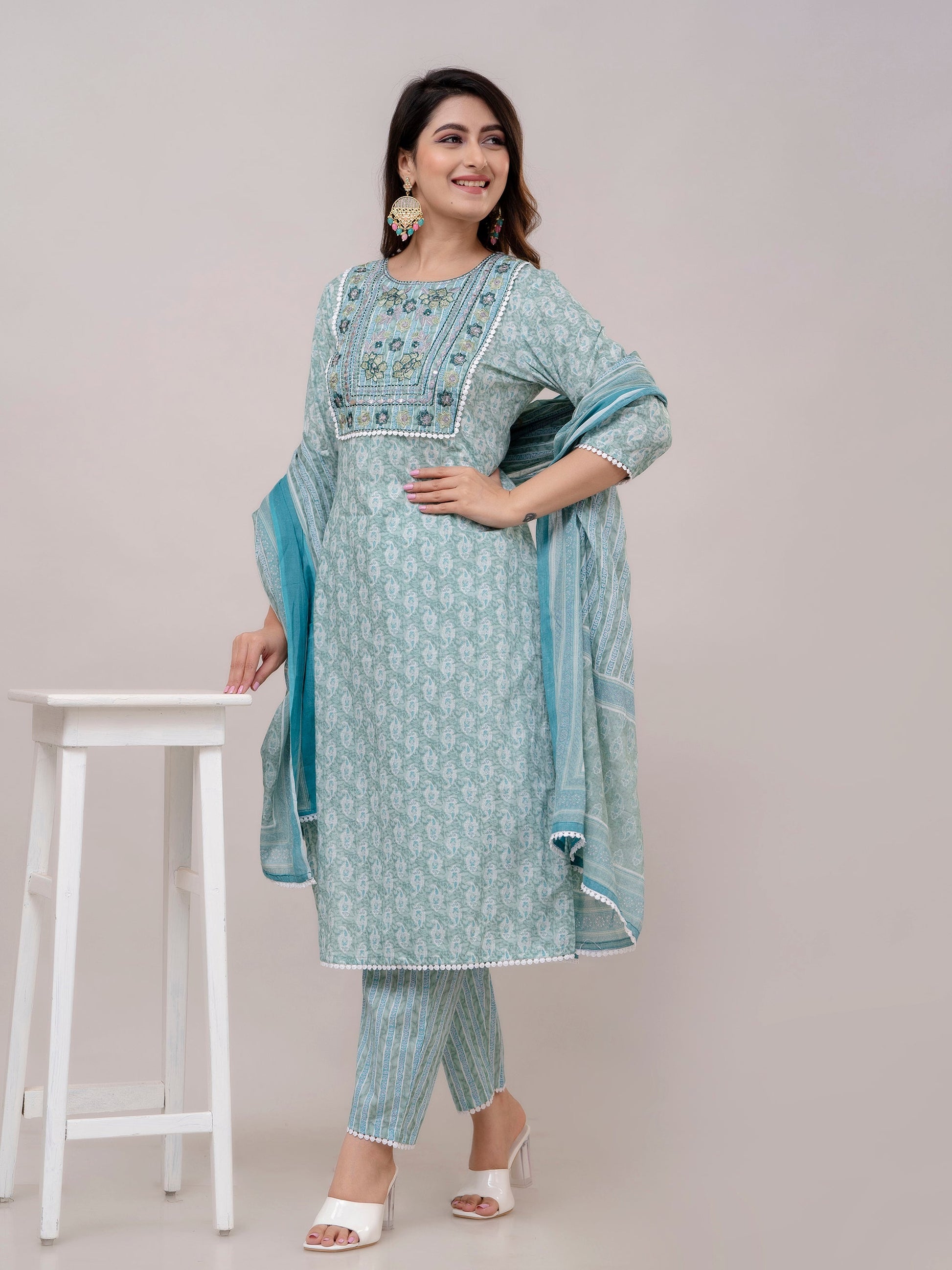 Teal Floral Print with Yoke Design A-Line Kurta with Trousers & Dupatta