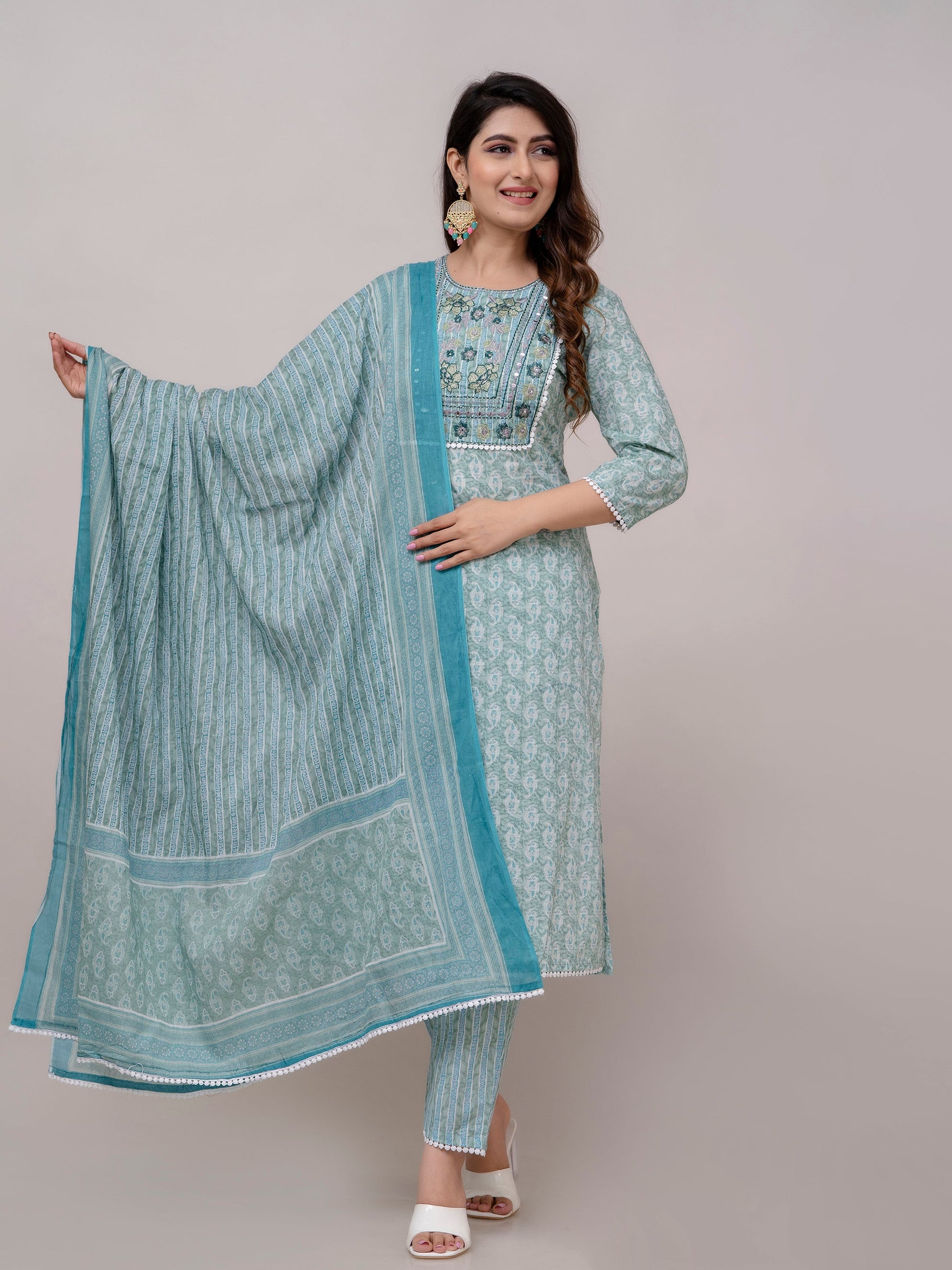 Teal Floral Print with Yoke Design A-Line Kurta with Trousers & Dupatta