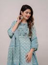 Teal Floral Print with Yoke Design A-Line Kurta with Trousers & Dupatta