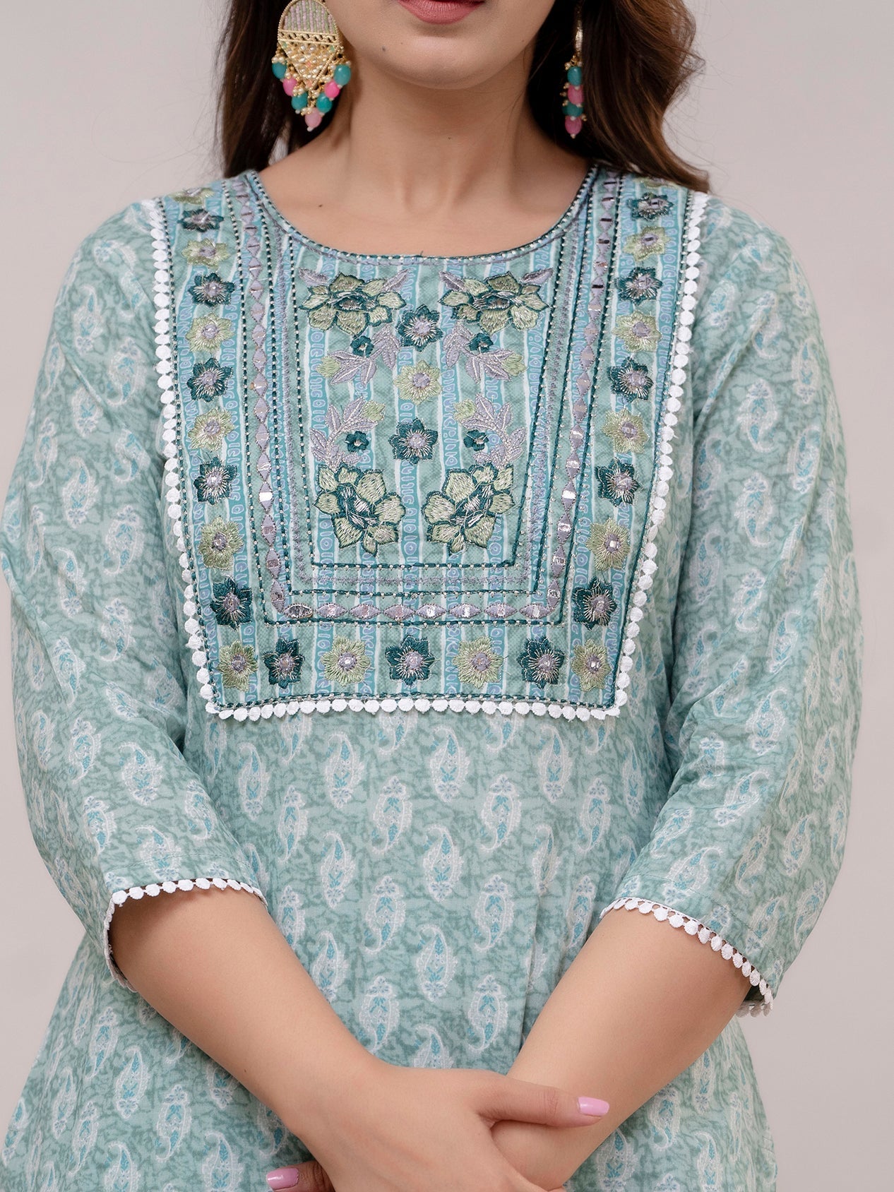 Teal Floral Print with Yoke Design A-Line Kurta with Trousers & Dupatta