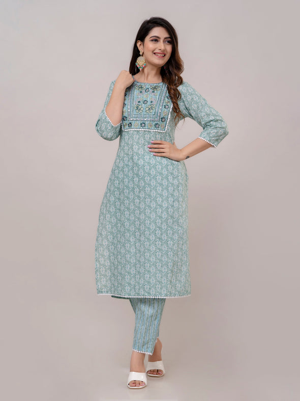 Teal Floral Print with Yoke Design A-Line Kurta with Trousers & Dupatta